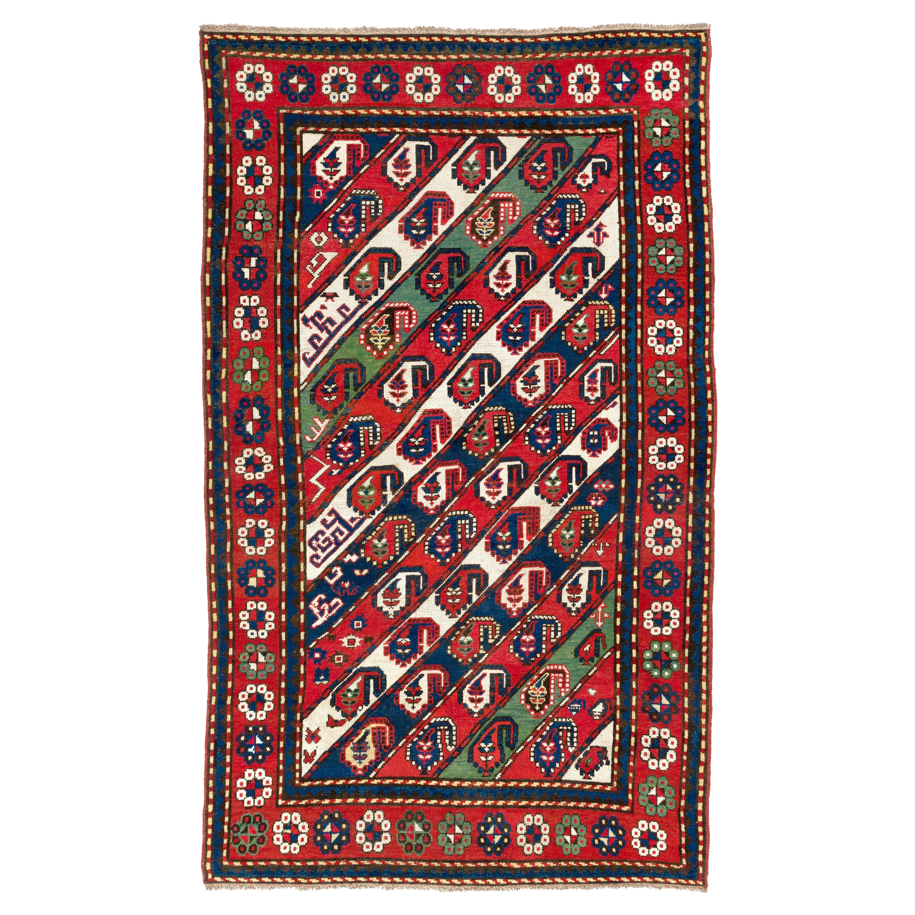 Antique Caucasian Gendje Kazak Rug with Diagonal Stripes For Sale