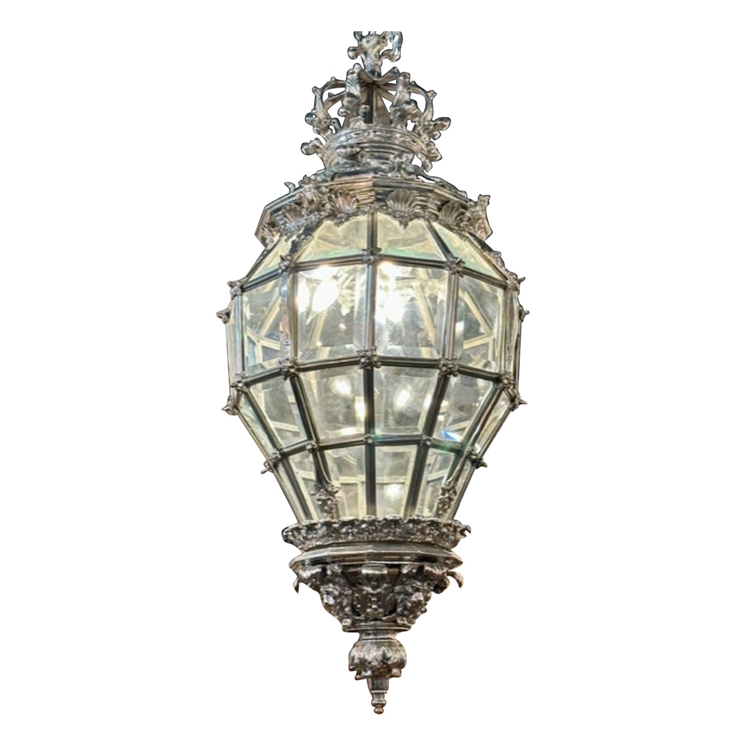 French Belle Epoch Silver over Bronze Lantern For Sale