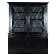 Large 19th Century English Astral Glazed Ebonized & Lacquered Bookcase Cabinet