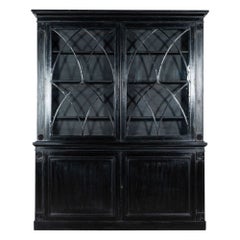 Large 19th Century English Astral Glazed Ebonized & Lacquered Bookcase Cabinet