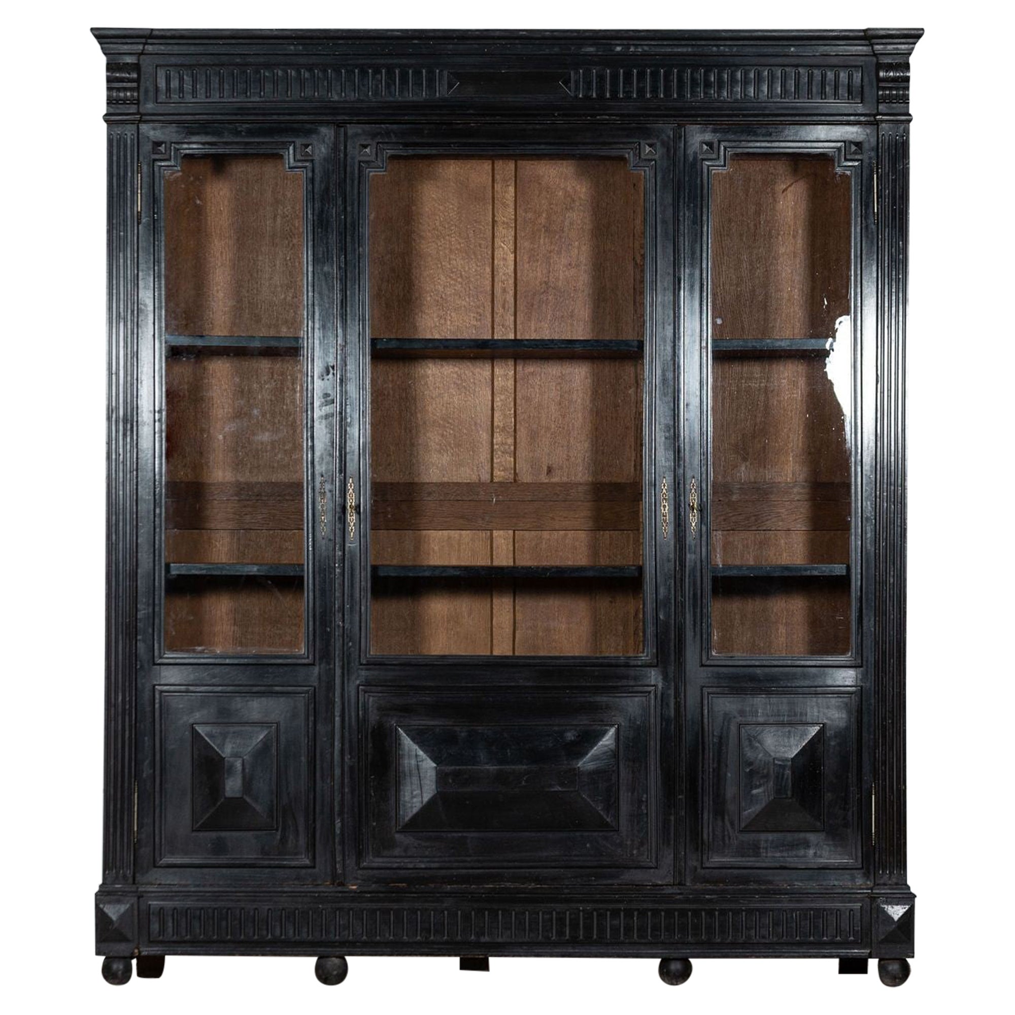 Large 19thC French Ebonised Oak Glazed Bookcase Cabinet
