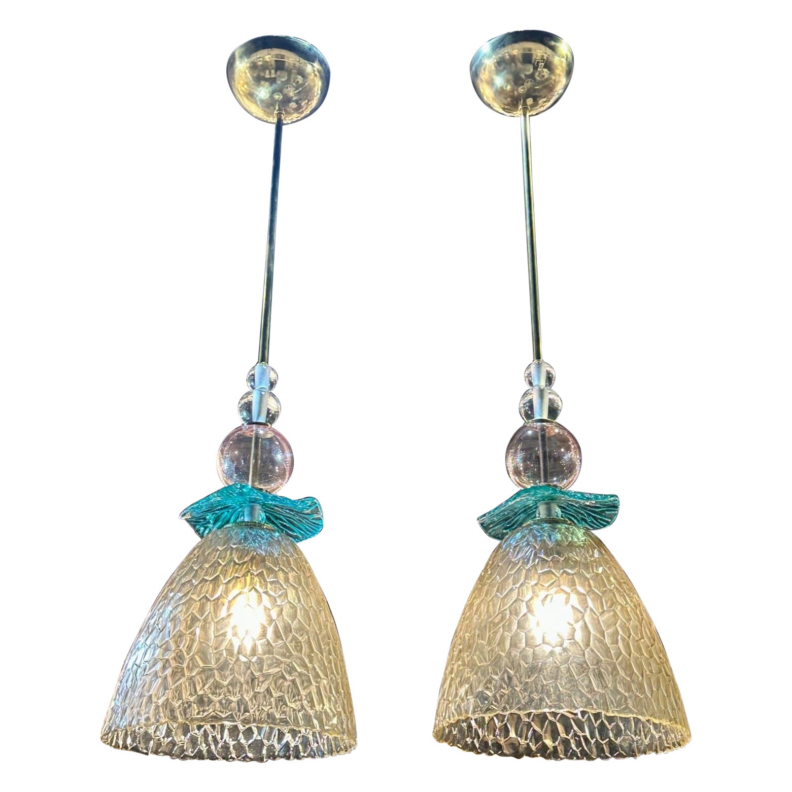 Pair of Modern Murano Glass Multicolored Pendants For Sale