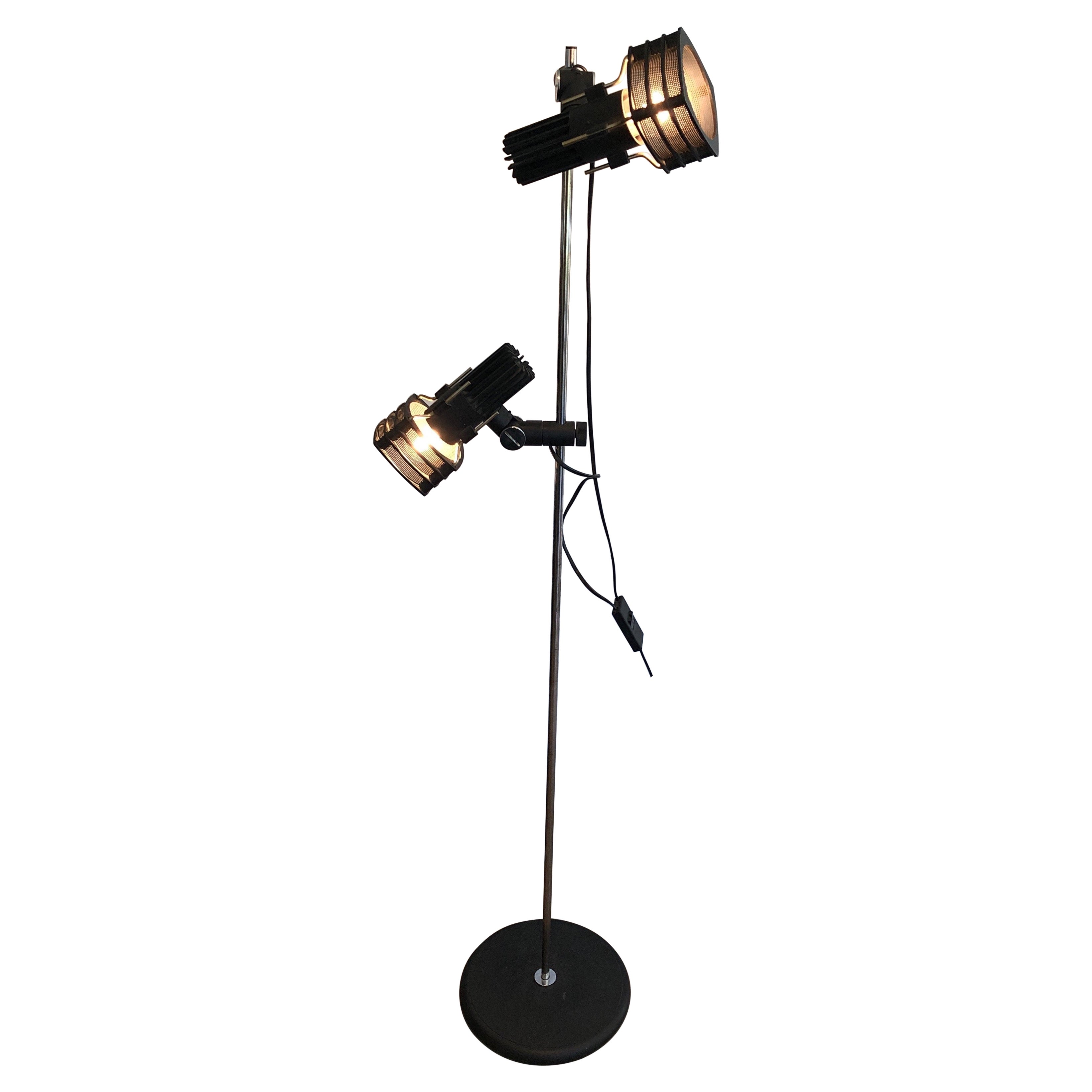 Chrome and Black Lacquered Design Floor Lamp with Adjustable Lights, French Work For Sale
