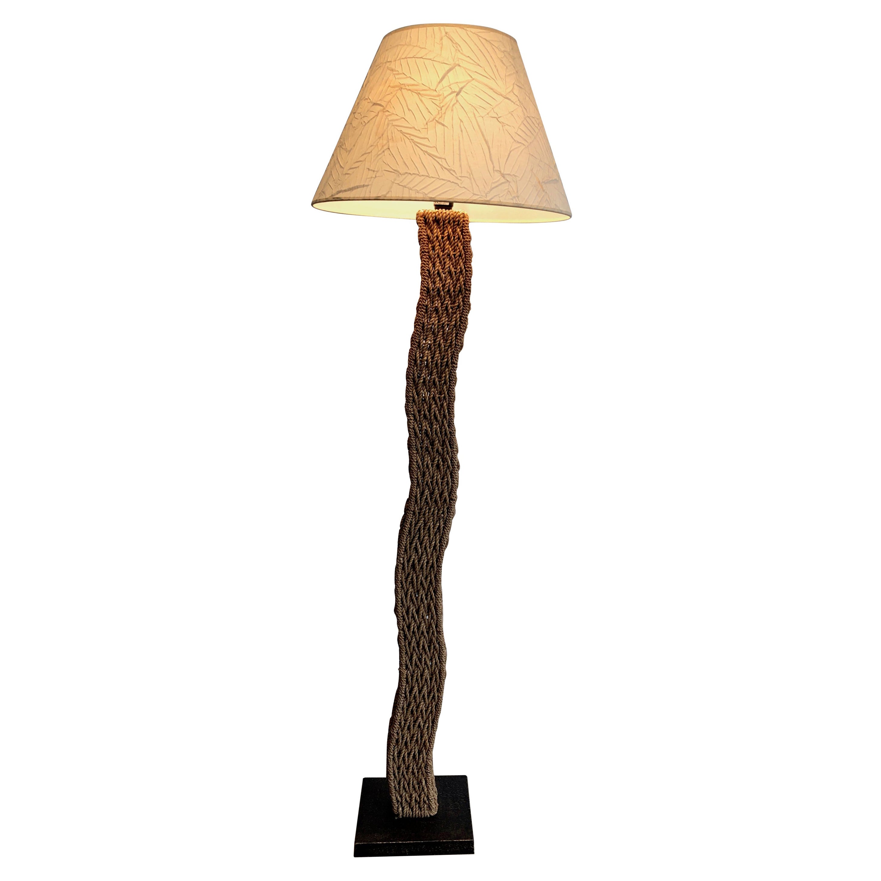 Braided Rope Floor Lamp on a Square Metal Base. Japonses Work, circa 1980