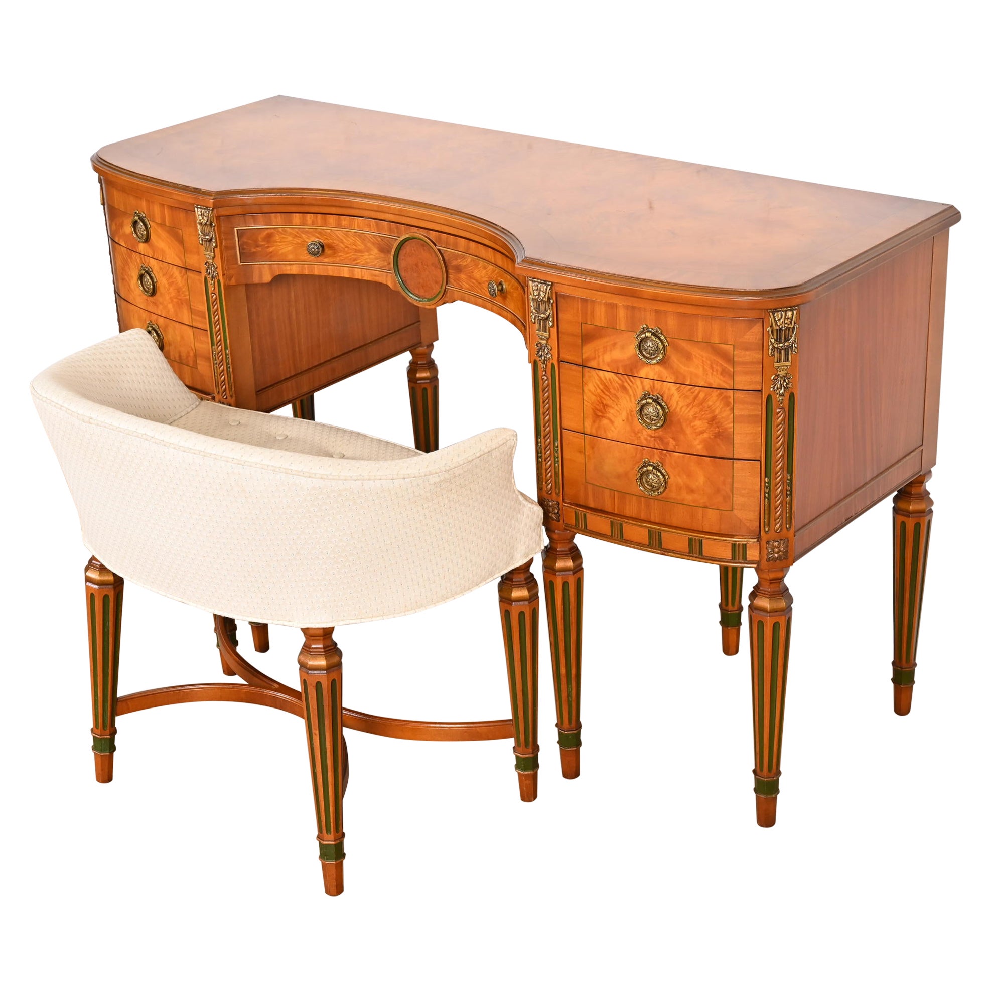 French Regency Louis XVI Satinwood Vanity With Bench Attributed to Romweber