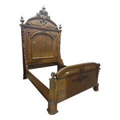 Monumental Burled Walnut Carved Victorian Near Queen Size Bed, circa 1860