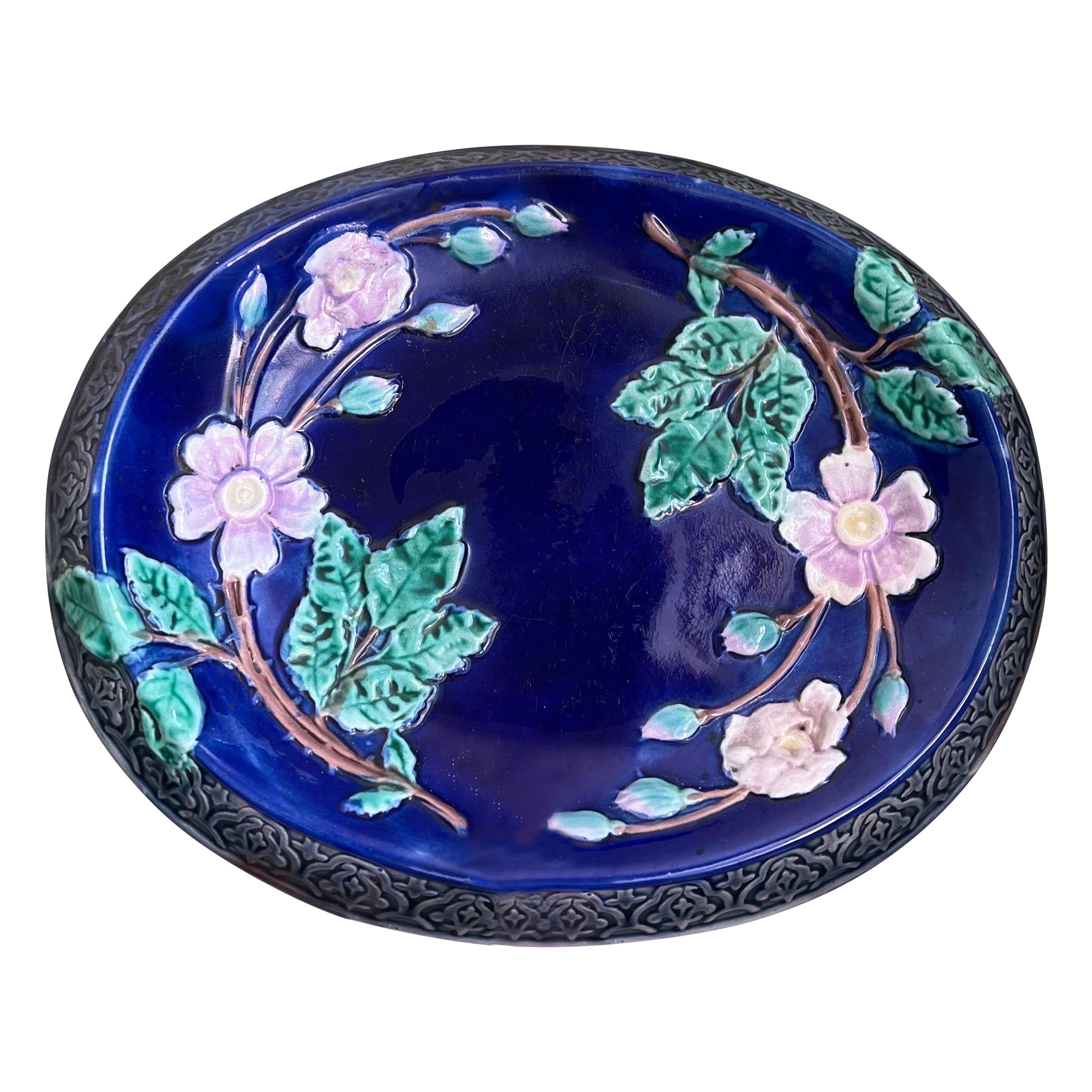 1880s Majolica Cobalt Blue Wild Rose Bread Bowl with Collector's Book