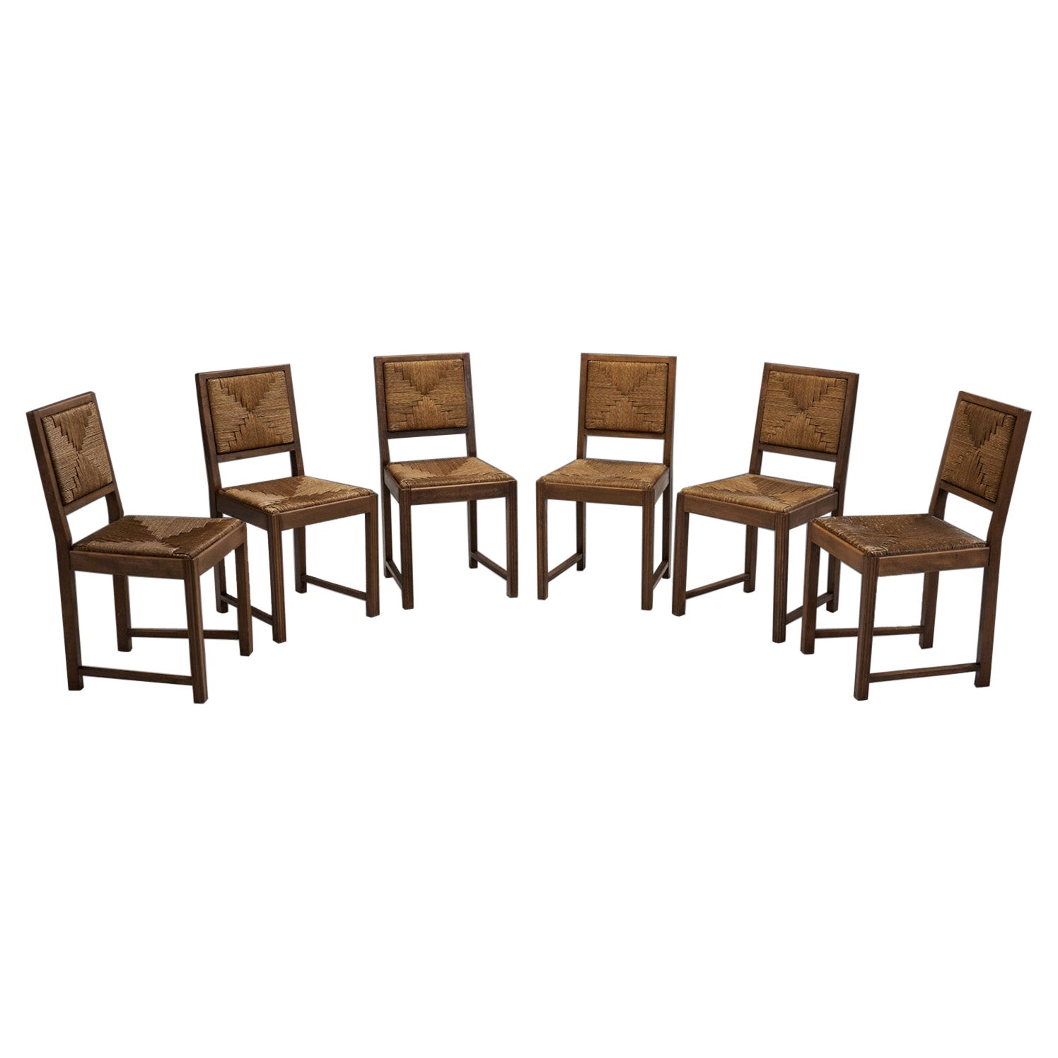 Set of Six Oak and Rush Dining Chairs, France, 1950s For Sale