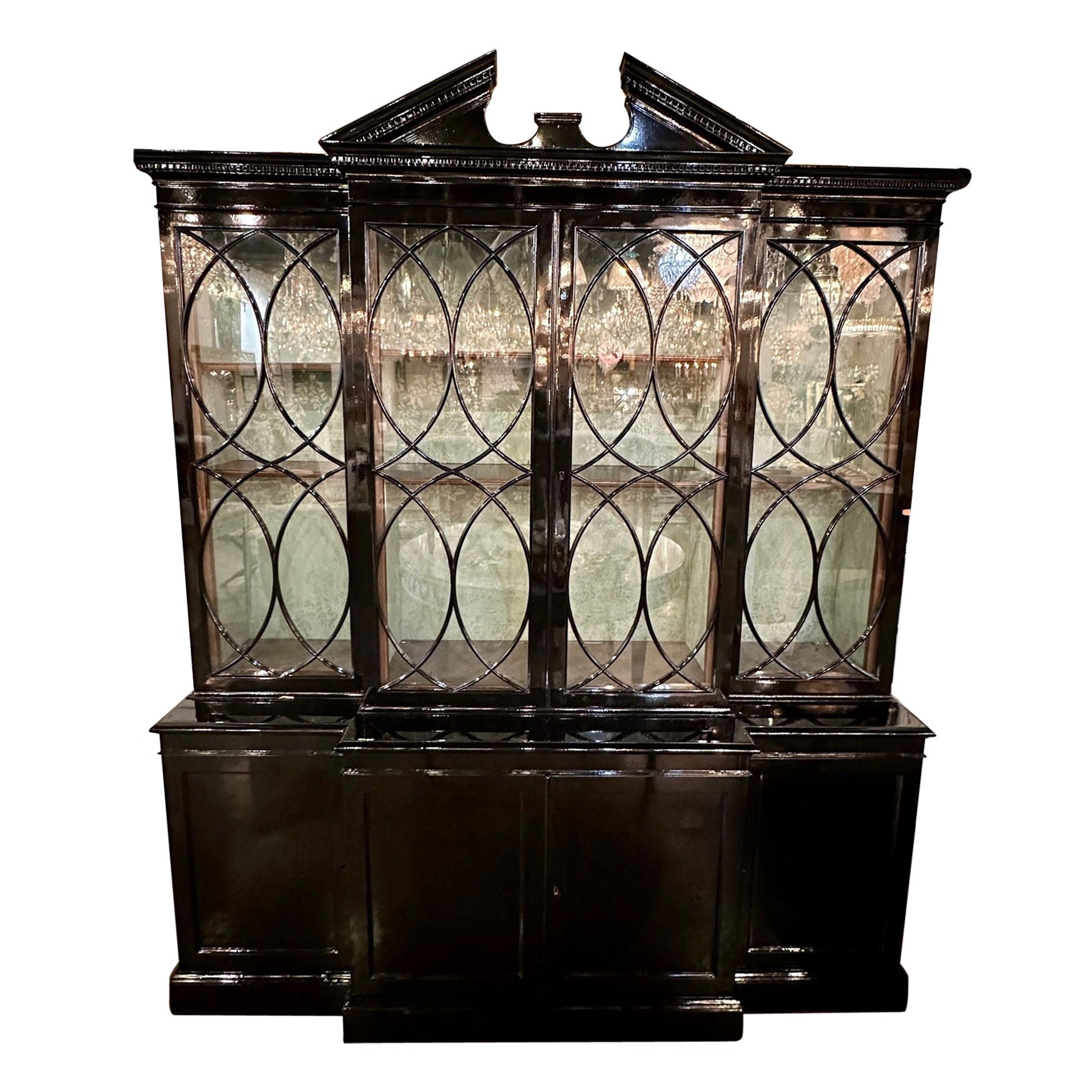 English Mahogany Black Lacquered Breakfront Display Cabinet For Sale