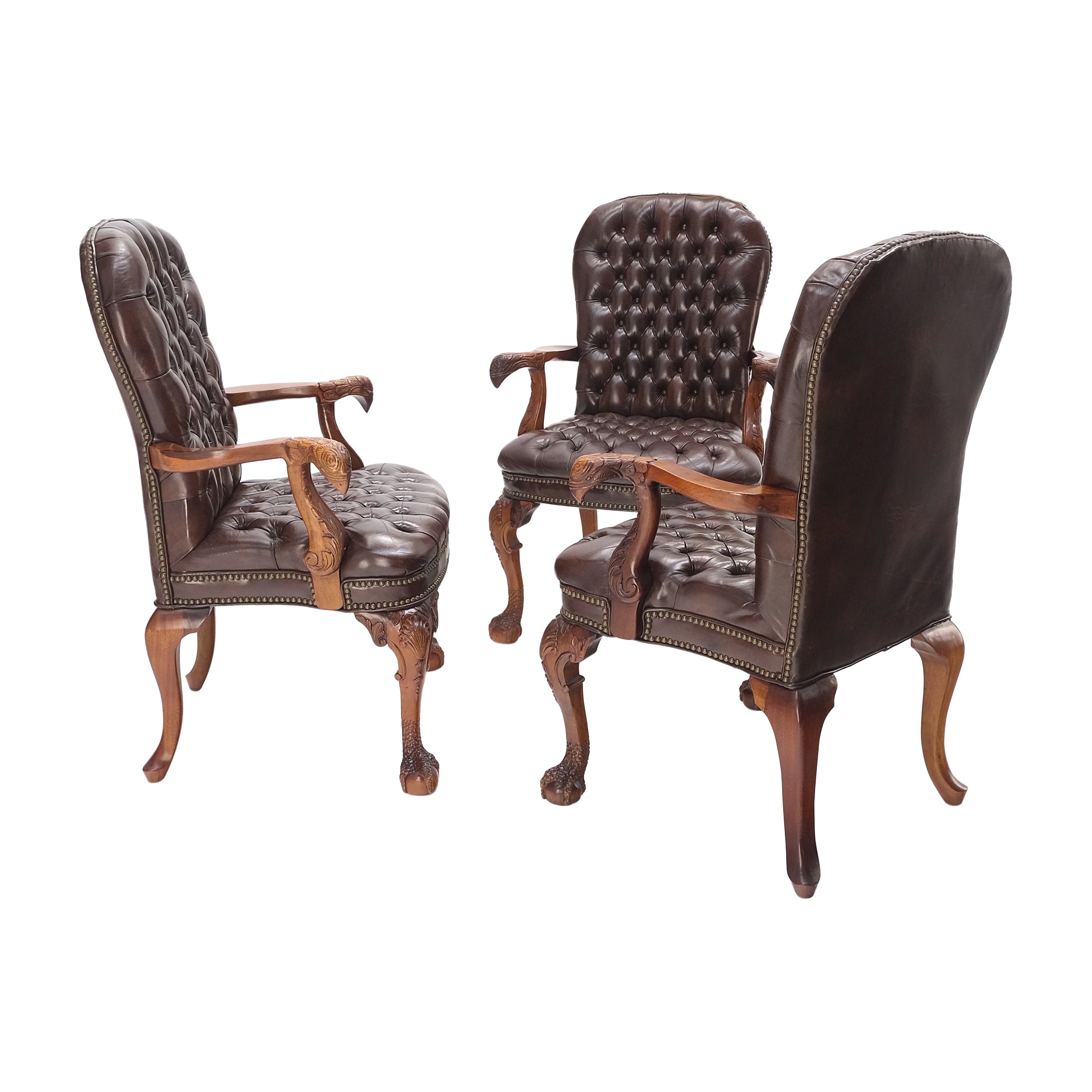 Brown Leather Chesterfield Backs & Seat Carved Walnut Armchairs Fireside Chairs