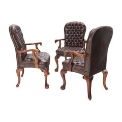 Brown Leather Chesterfield Backs & Seat Carved Walnut Armchairs Fireside Chairs