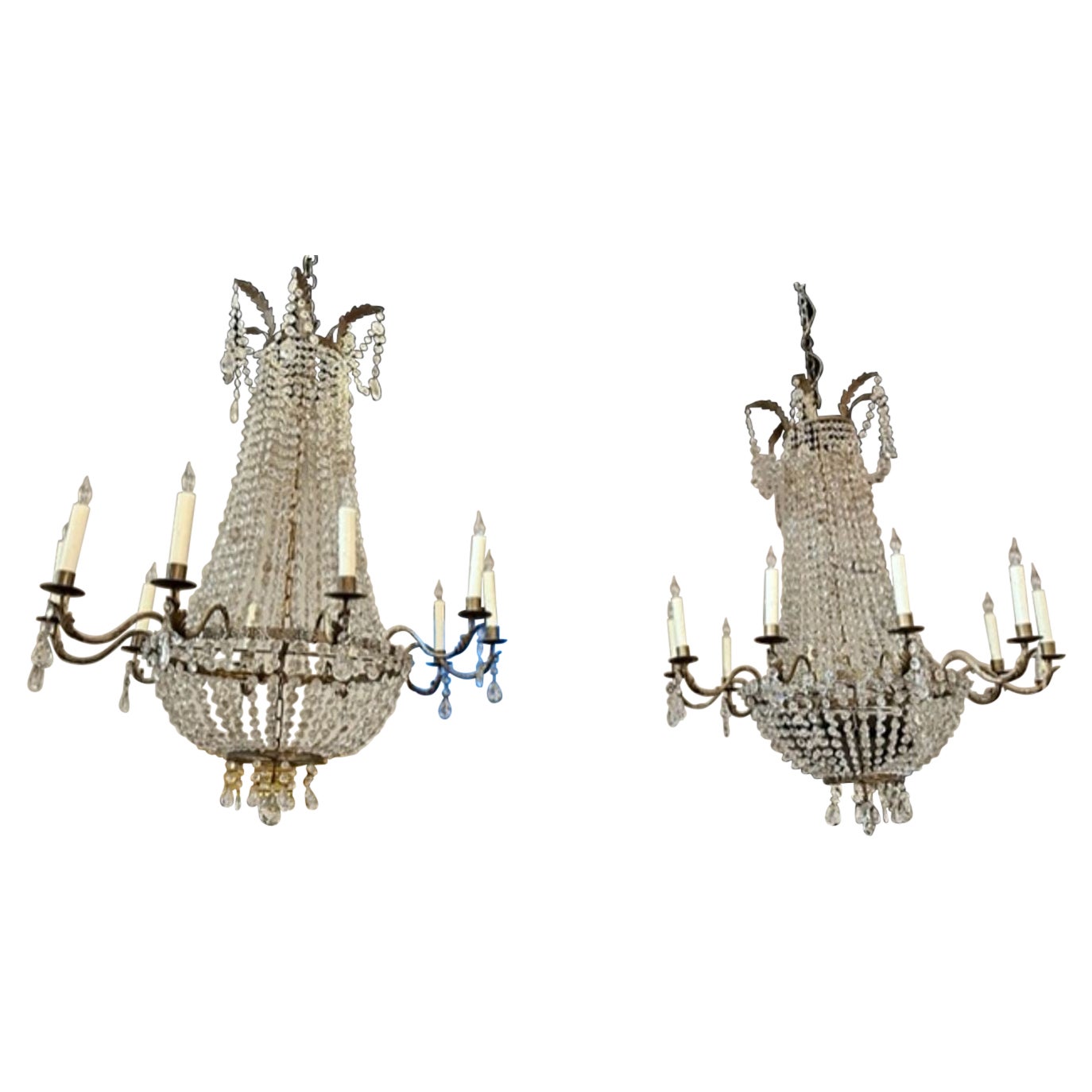 Pair of Italian Empire Tole Basket Chandeliers For Sale