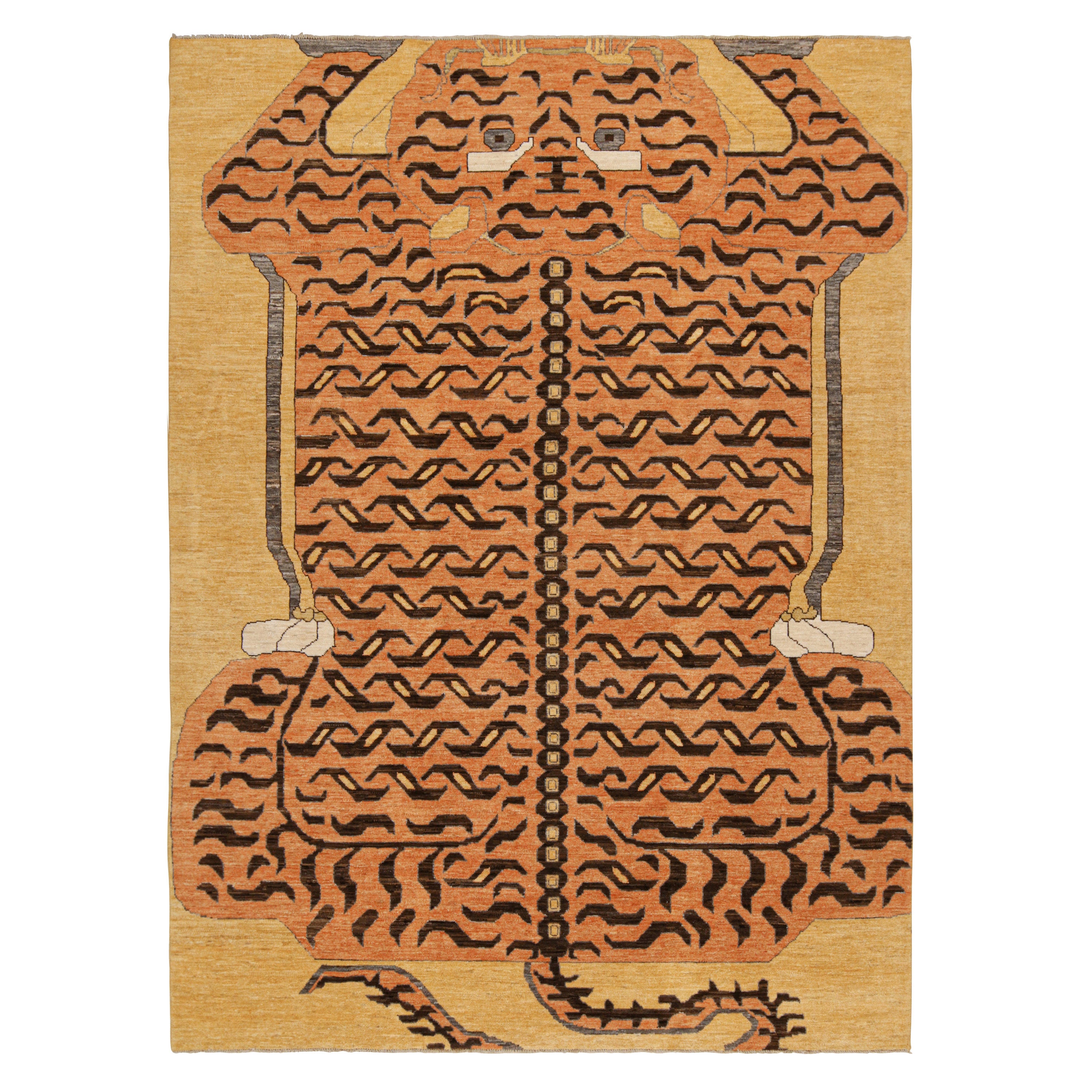 Rug & Kilim’s Classic-Style Tiger-Skin Rug Design with Orange & Brown Pictorial For Sale