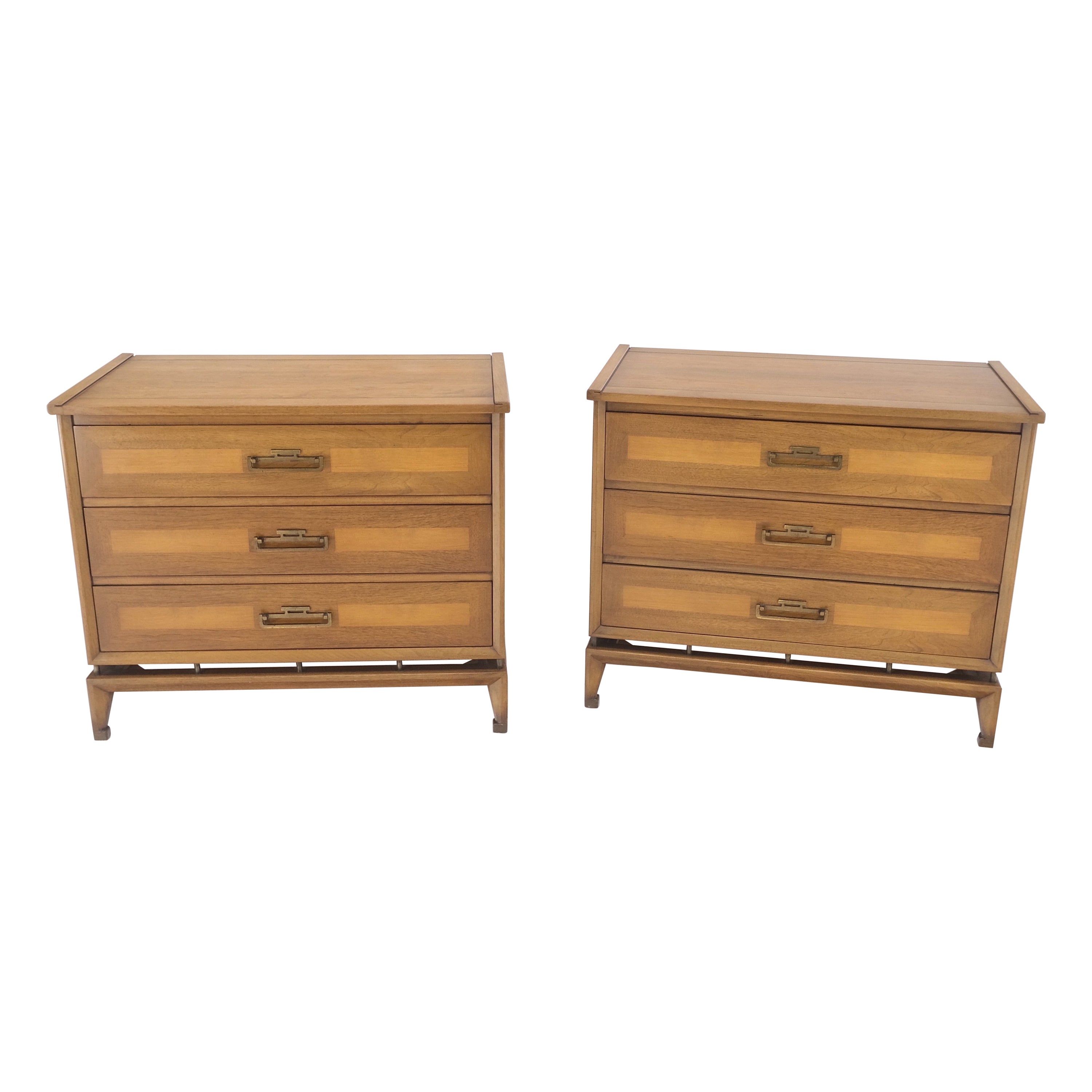 Pair Three Drawers Light Walnut Banded Drawers Drop Pulls Bachelor Chests MINT! For Sale