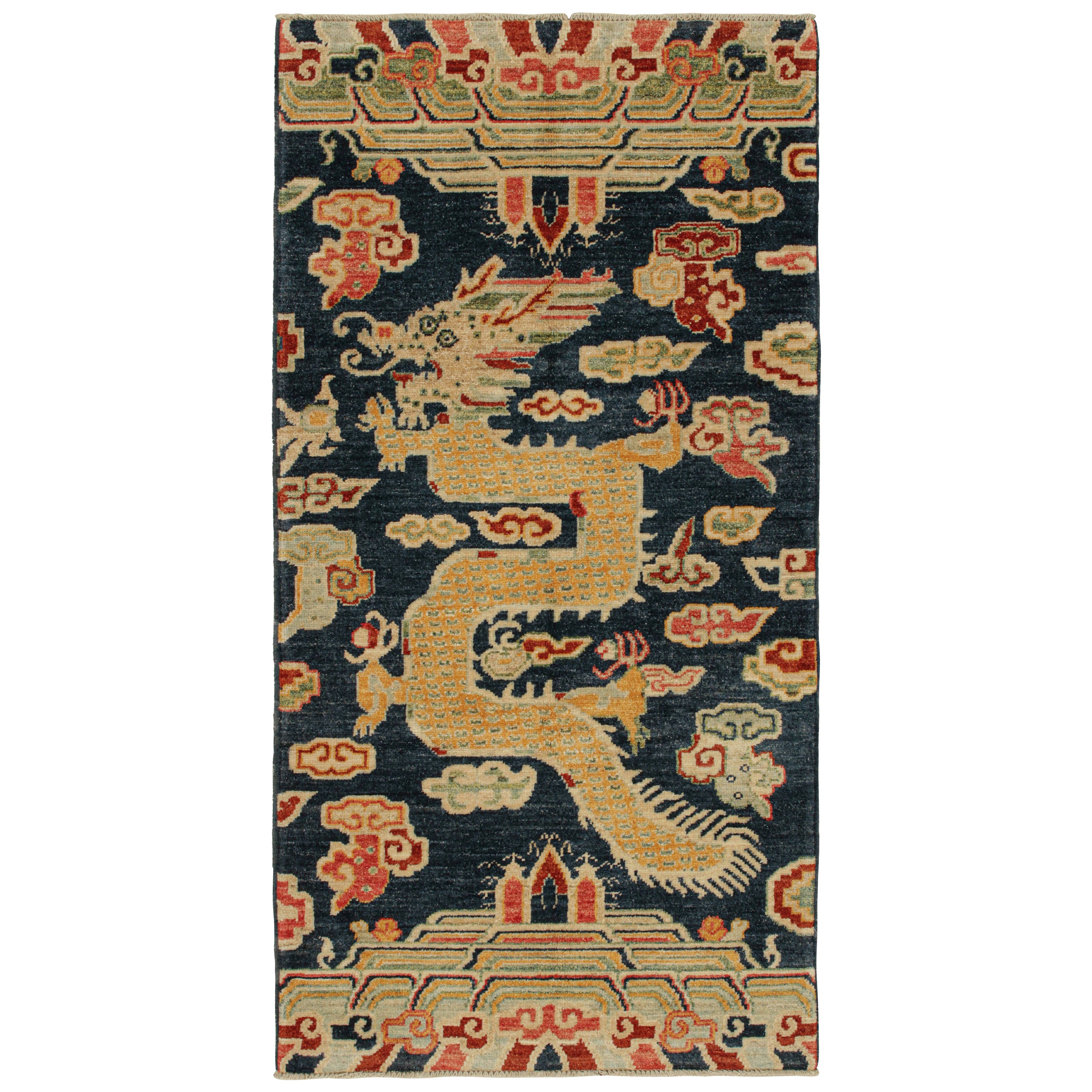 Rug & Kilim’s Chinese Style Custom Runner in Blue with Gold Dragon Pictorial For Sale