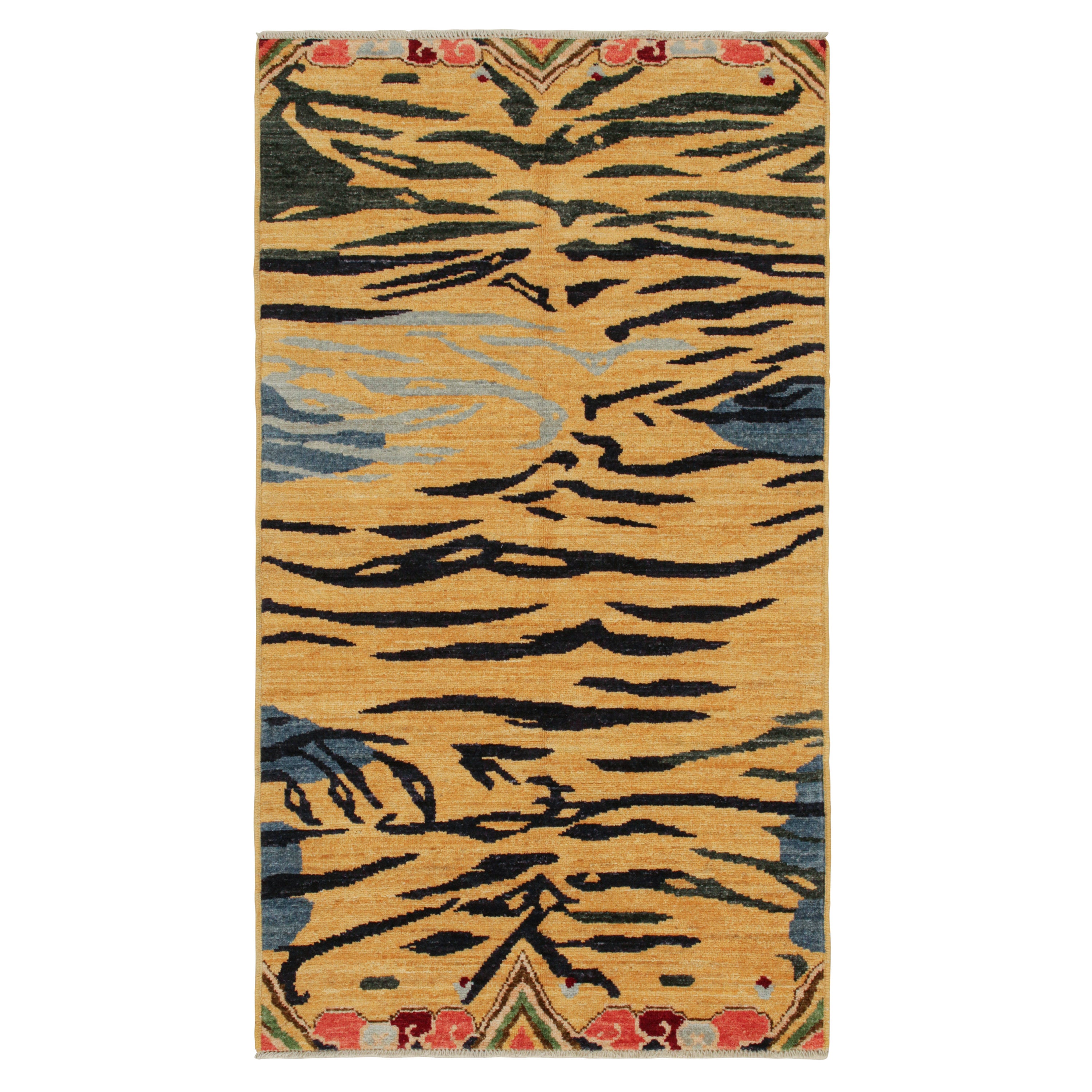 Rug & Kilim’s Classic Style Tiger-Skin Runner in Gold with Gray and Blue Stripes