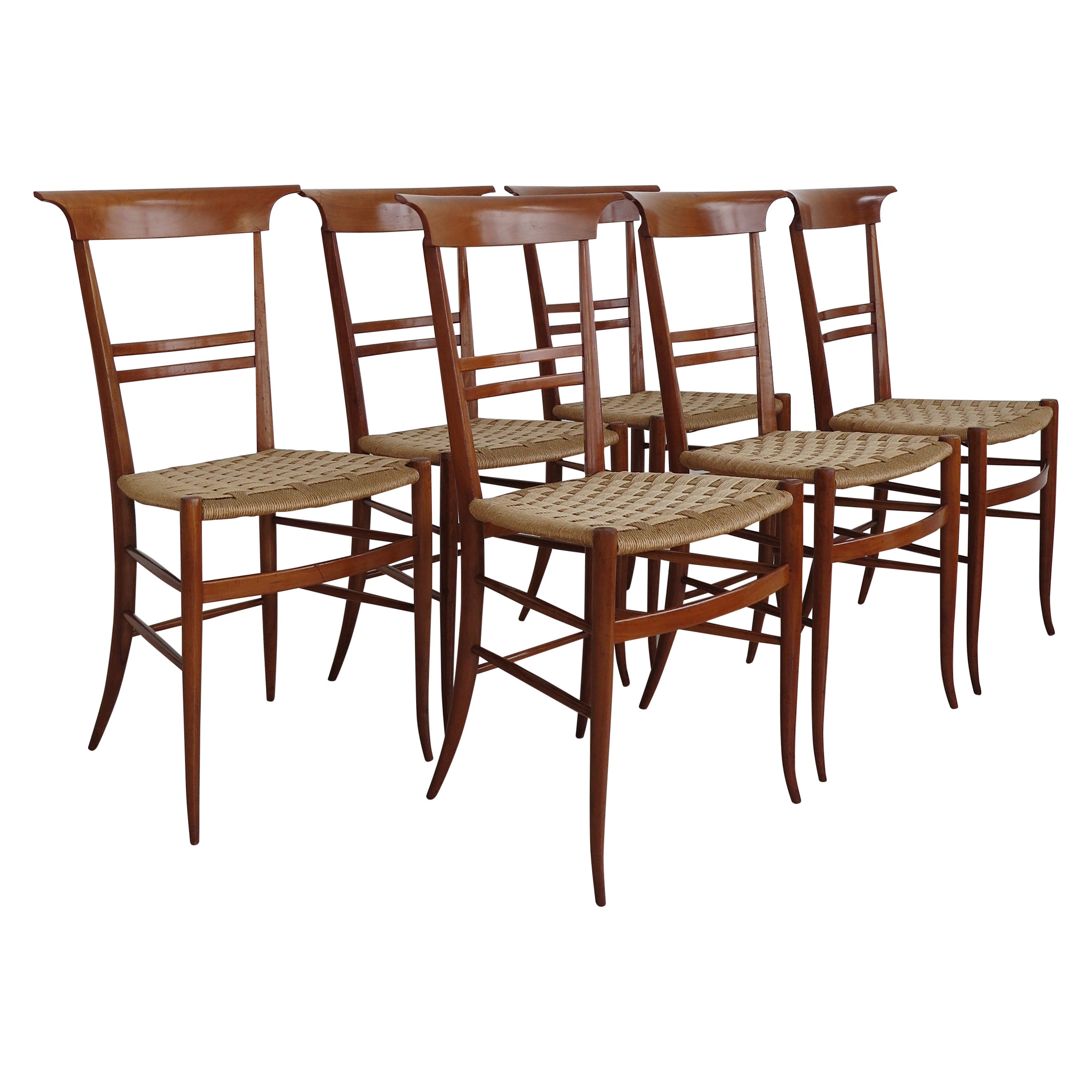 Chiavarine Italian Midcentury Wood and Rope Dining Chairs, 1960s