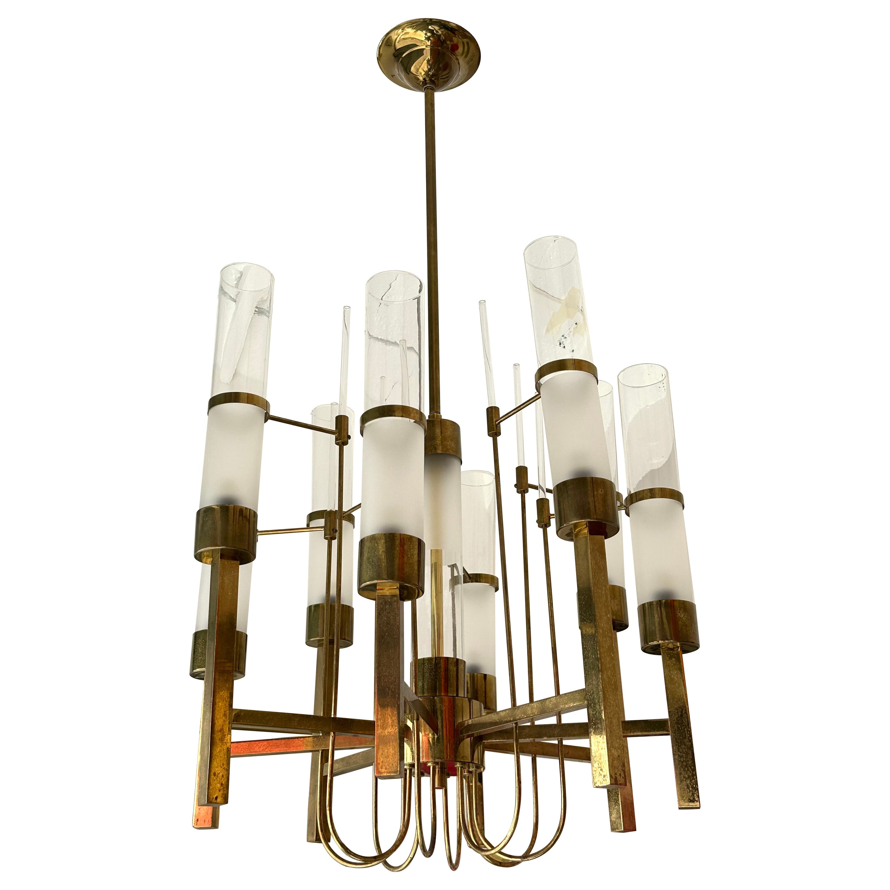 Brass and Glass Tube Chandelier by Sciolari, Italy, 1960s