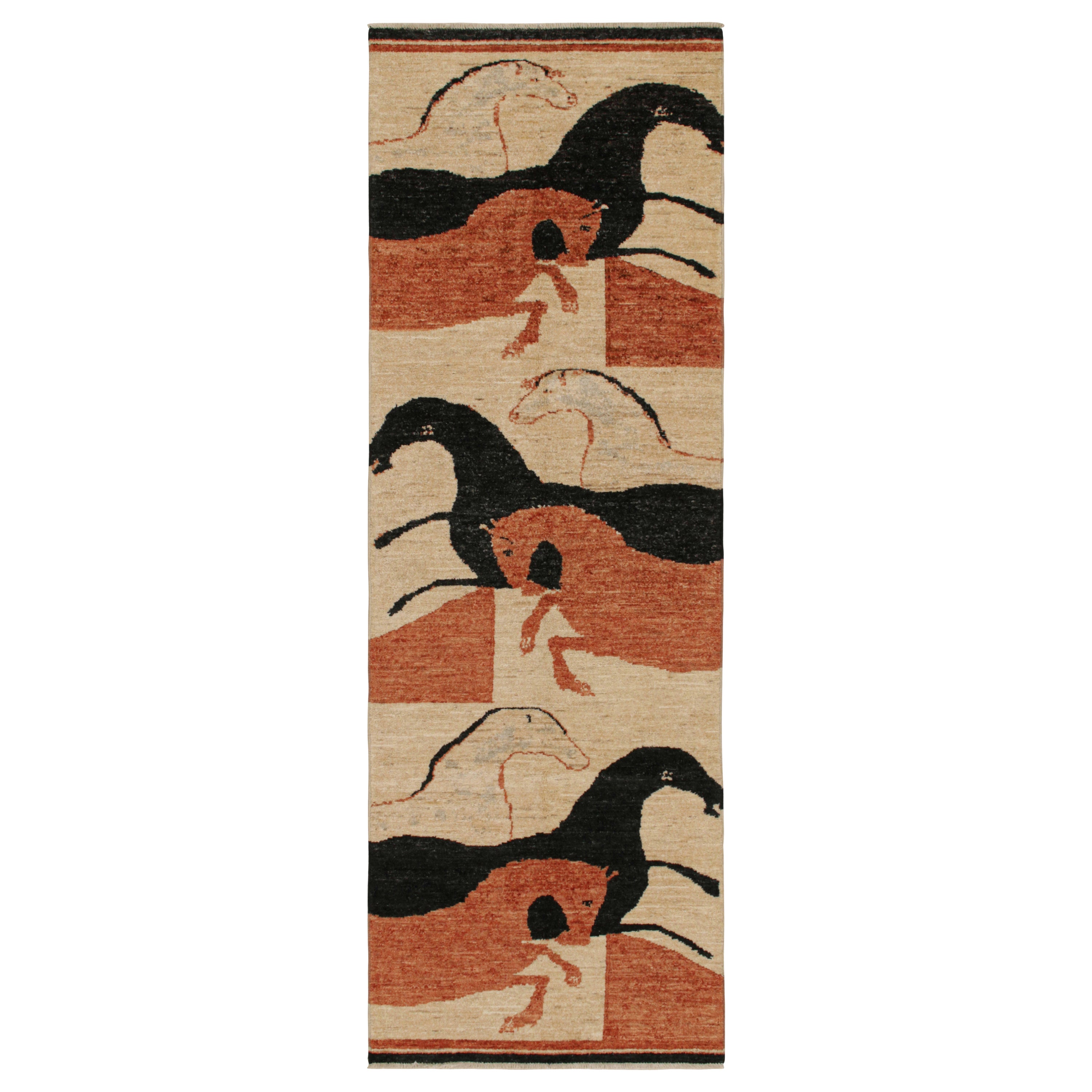 Rug & Kilim’s Persian Style Runner in Beige with Pink and Black Horse Pictorials For Sale