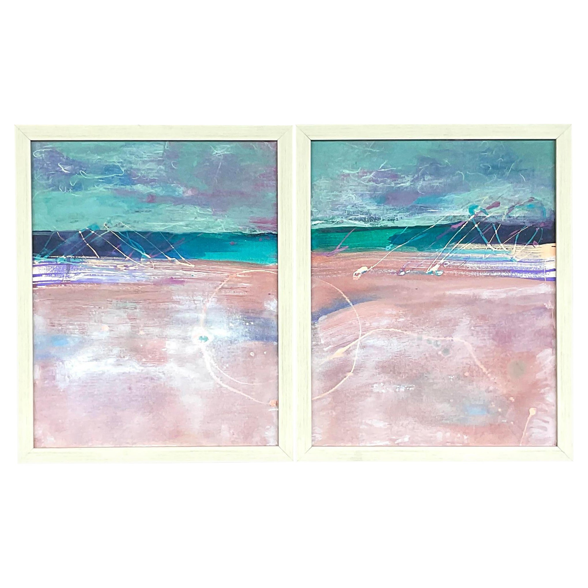 Vintage Contemporary Original Abstract Oil Paintings on Canvas - Set of 2 For Sale