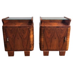 Pair of Italian Art Deco Night Stands Bed Side Tables in Burl Walnut Glass Top
