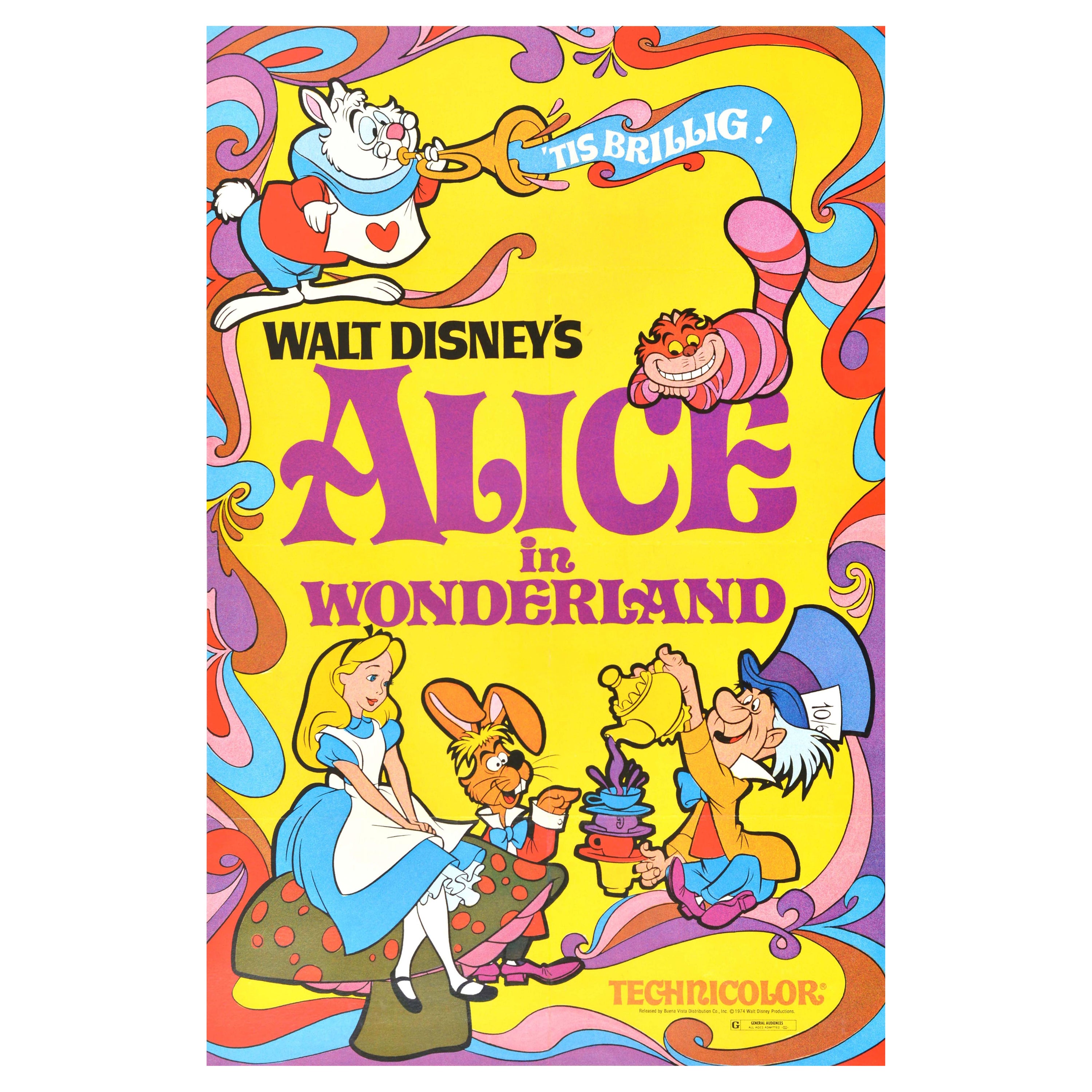Original Vintage Film Poster Alice In Wonderland Walt Disney Cartoon Movie Art