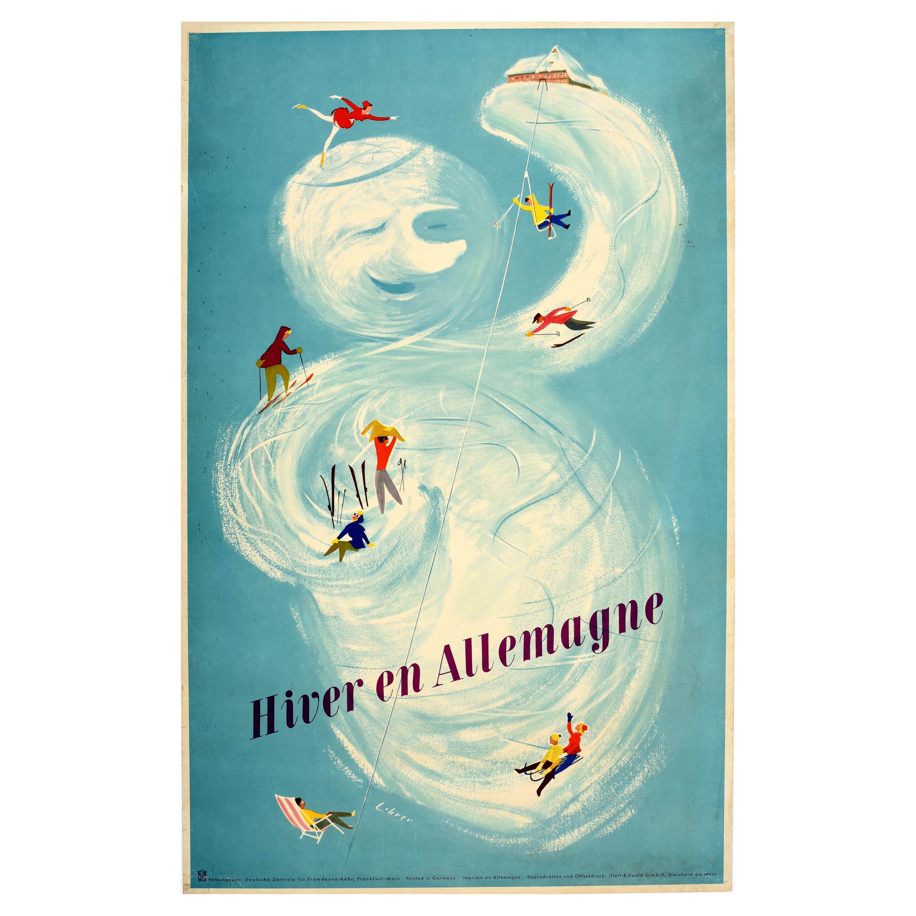 Original Vintage Ski Poster Hiver En Allemagne Germany Winter Ice Skating Sledge For Sale