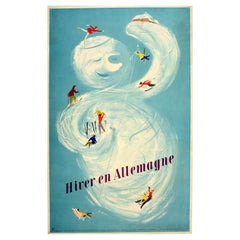 Original Vintage Ski Poster Hiver En Allemagne Germany Winter Ice Skating Sledge