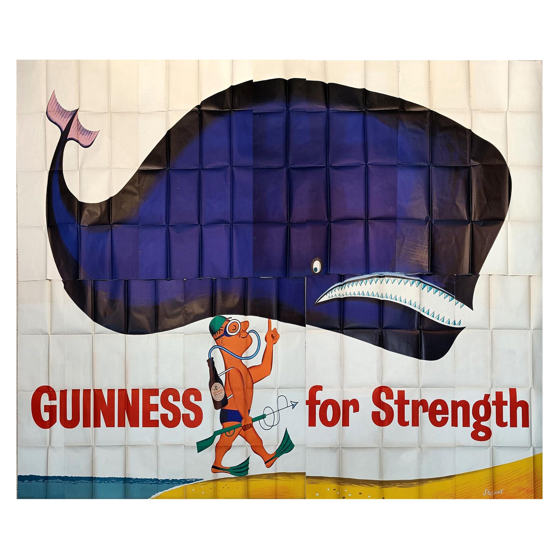 Großes Original-Vintage- Billboard-Poster Guinness für Strength, Scuba- Diver Whale