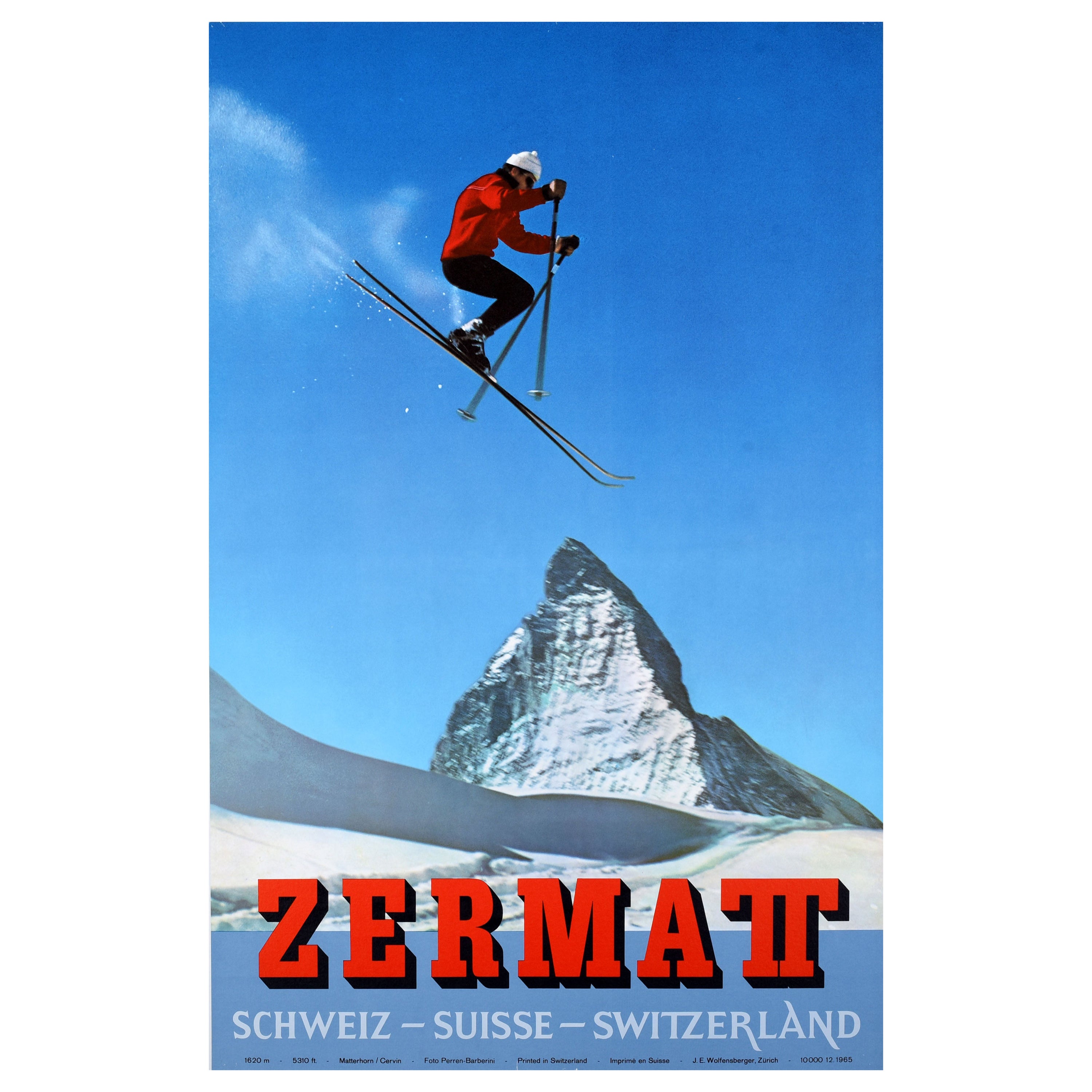 Original-Vintage-Poster Zermatt, Schweiz, Matterhorn, Skifahren, Wintersport, Alpen