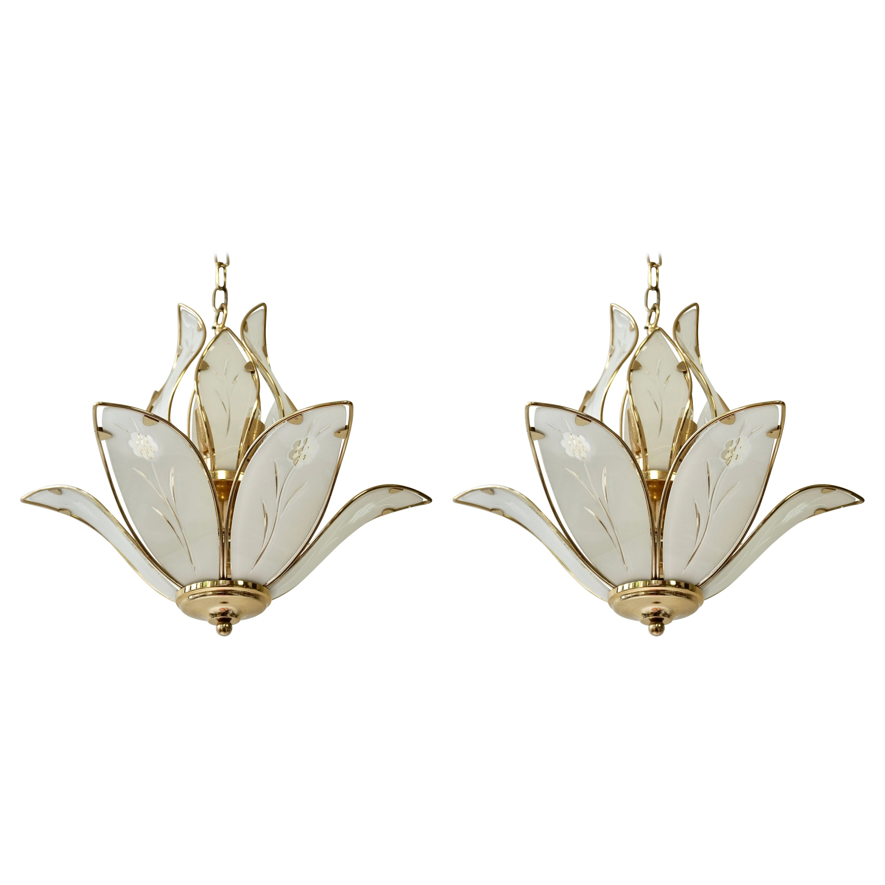 Three Lotus Flower and Brass Glass Chandeliers For Sale