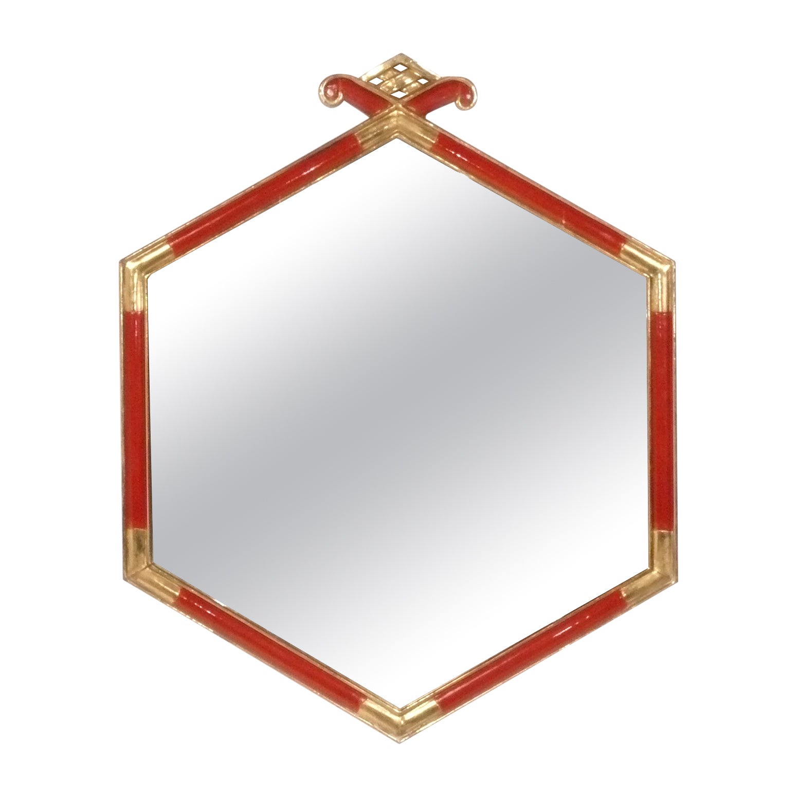 Chinoiserie Red Lacquer and Silver Leaf Petite Mirror For Sale