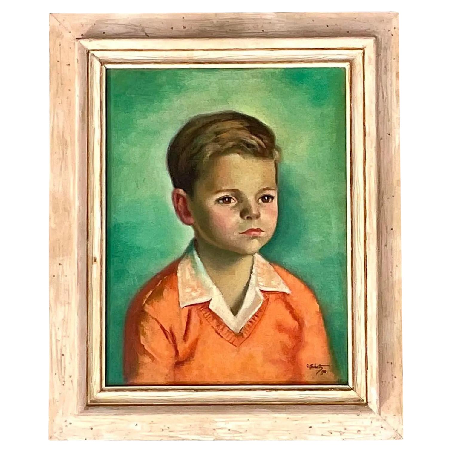 Vintage Boho Signed Original Oil Portrait of Young Boy For Sale