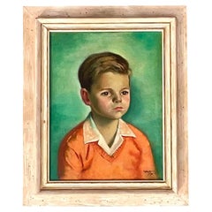 Portrait à l'huile original d'un jeune garçon vintage signé Boho