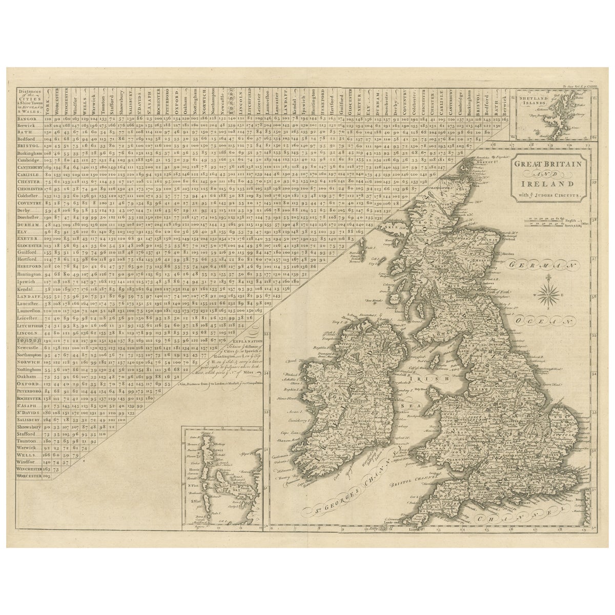 Antike Karte der britischen Inseln, Einfassungen der Shetland-Inseln und Hebriden