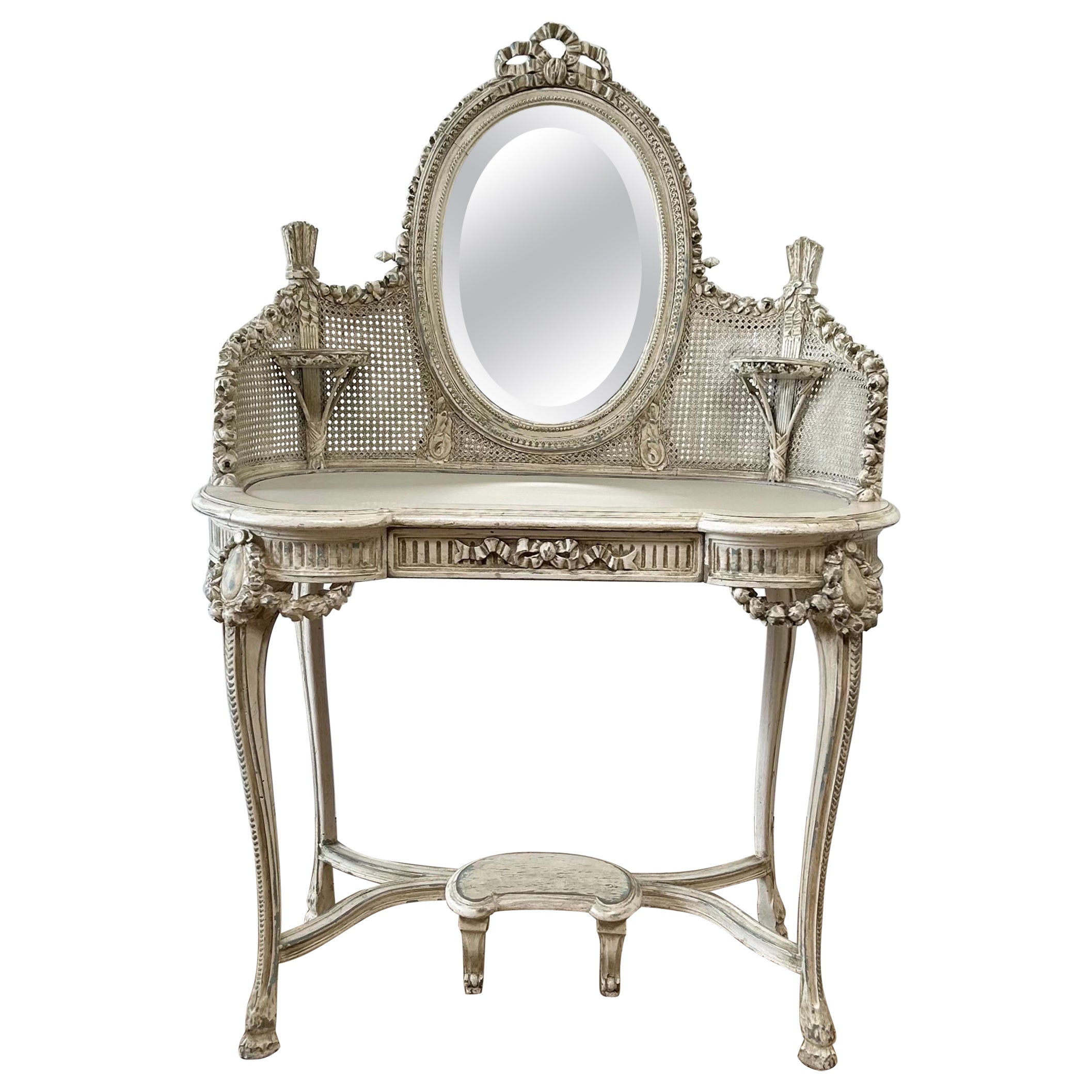 Antique French Louis XV Style Painted Vanity with Rose Carvings For Sale