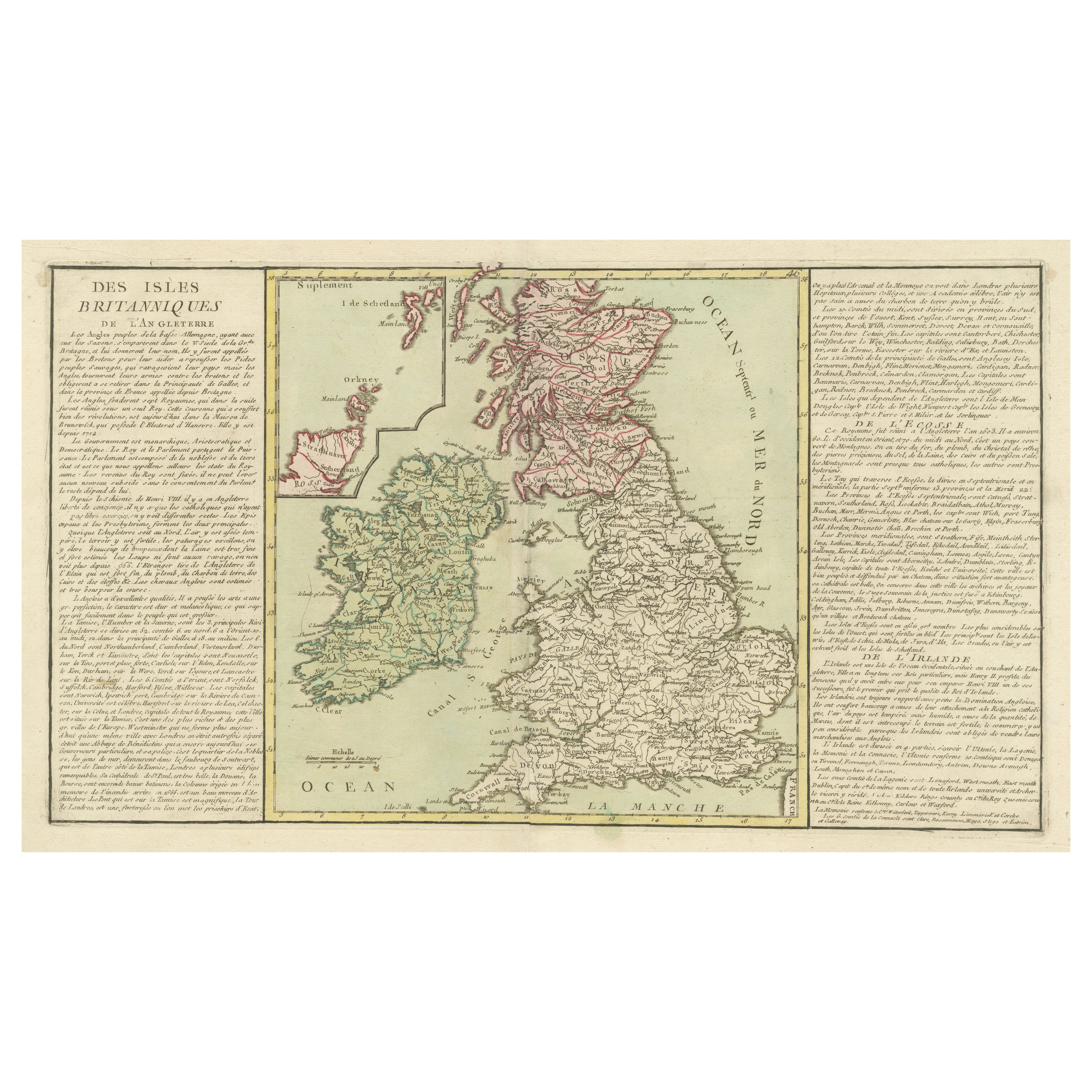 Original Antique Map of the British Isles Surrounded by Text