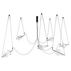 Trapezi Black Six Lights Contemporary Chandelier in Darkened Brass, Blown Glass