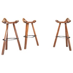 Brutalist Stained Beech Bar Stools, Spain, 1970s