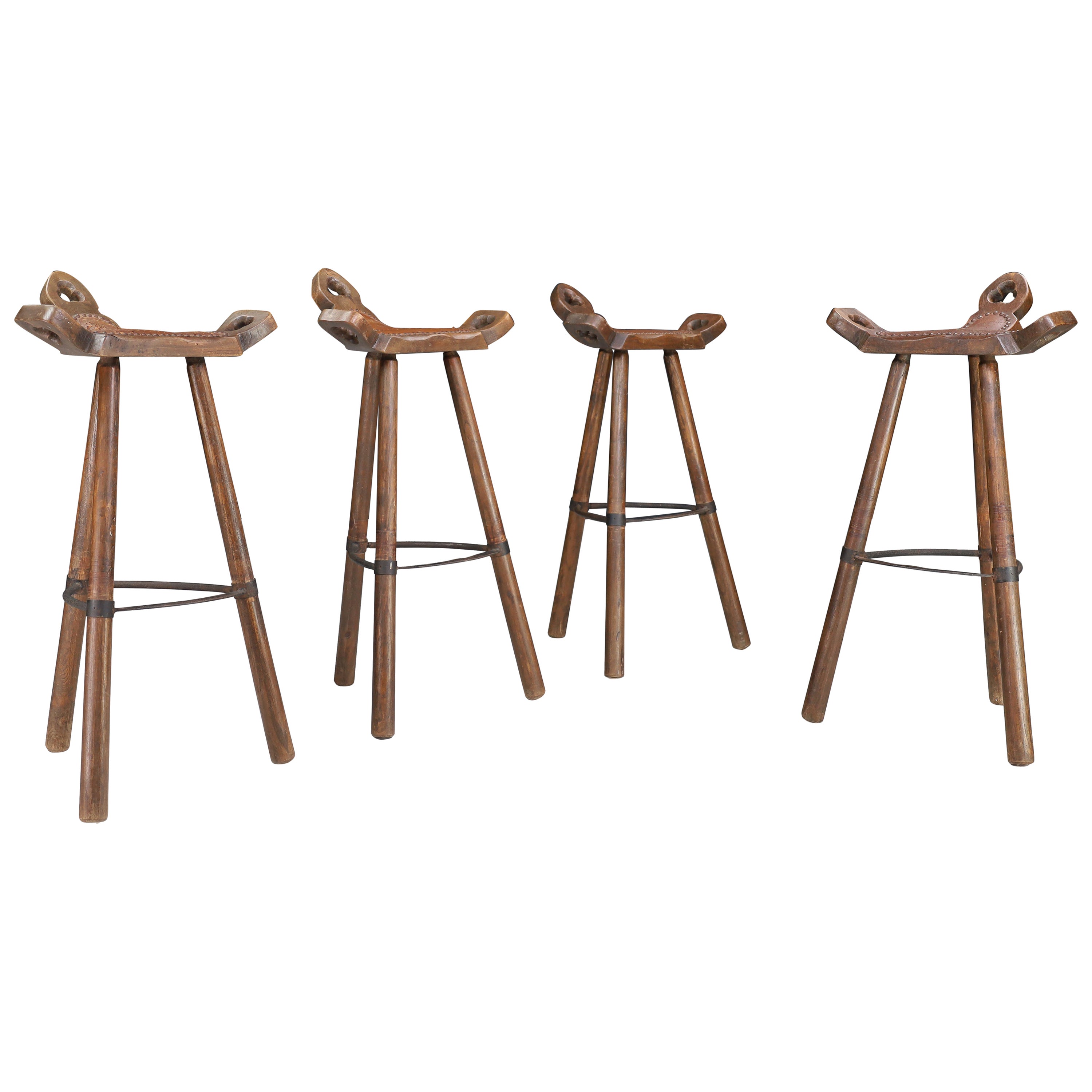 Set of Four Brutalist Stained Beech and Leather Bar Stools, Spain, 1970s