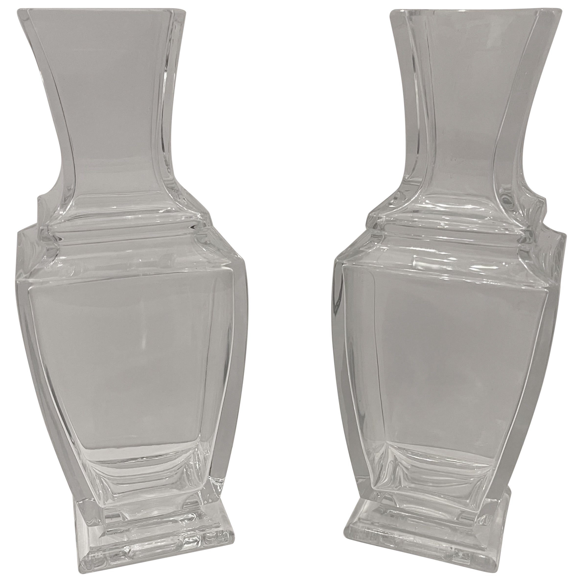 Wonderful Pair Modern Clear Crystal Glass Urn Form Signed Baccarat Pearl Vases For Sale