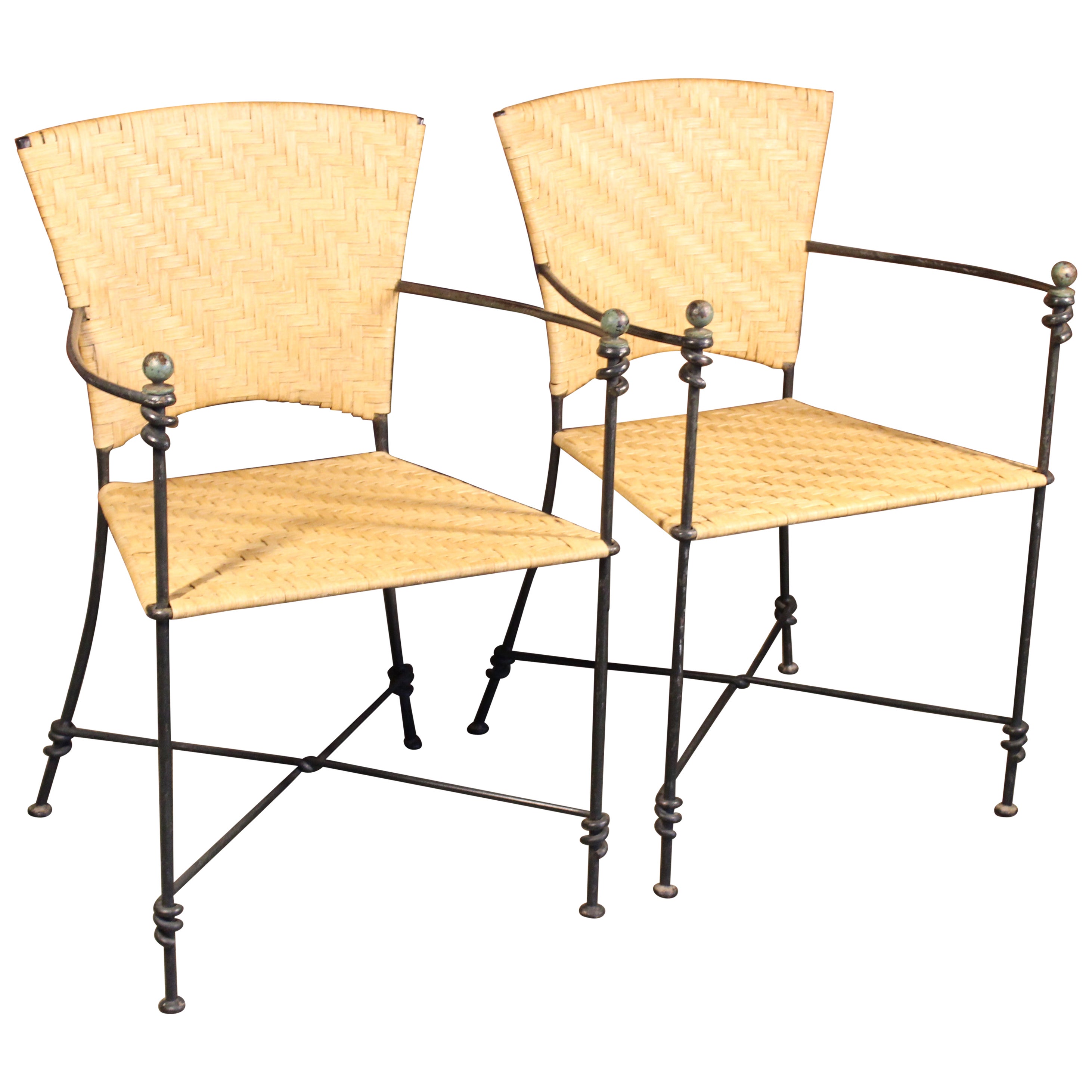 Pair of Iron and Rattan Armchairs, France, 1950s