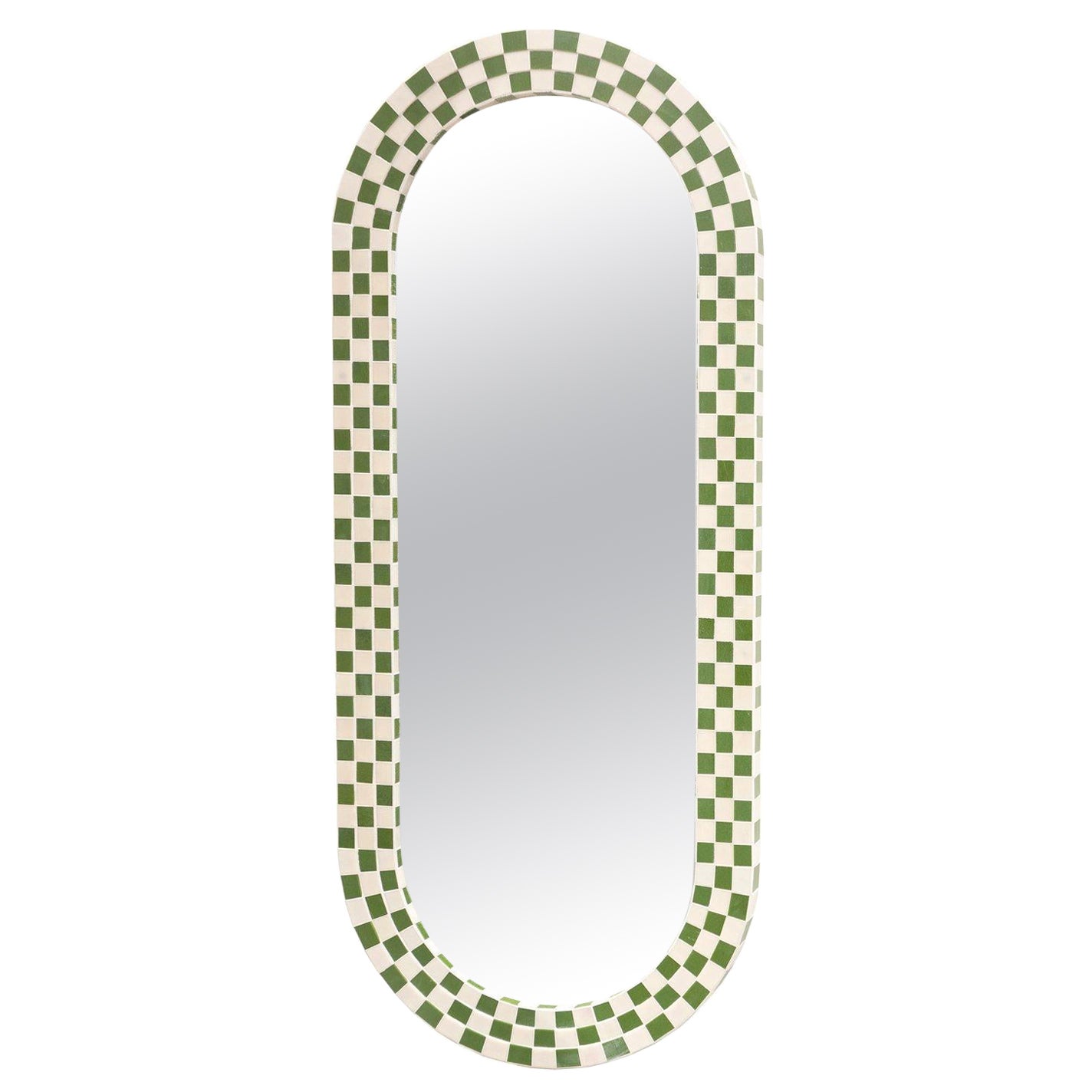 Modern Checkered Mosaic Oval Mirror with Green and Ivory Glass by Ercole Home For Sale