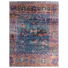 Fine Indian Hand Knotted Hunting Scene Carpet in Blue, Purple and Pink