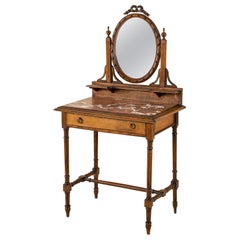 Antique Early 20th Century French Louis XVI Style Walnut and Marble Vanity Table, Mirror