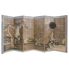 Antique Japanese Chinese Asian Large Six-Panel Folding Byobu Screen Mythical Lanscape