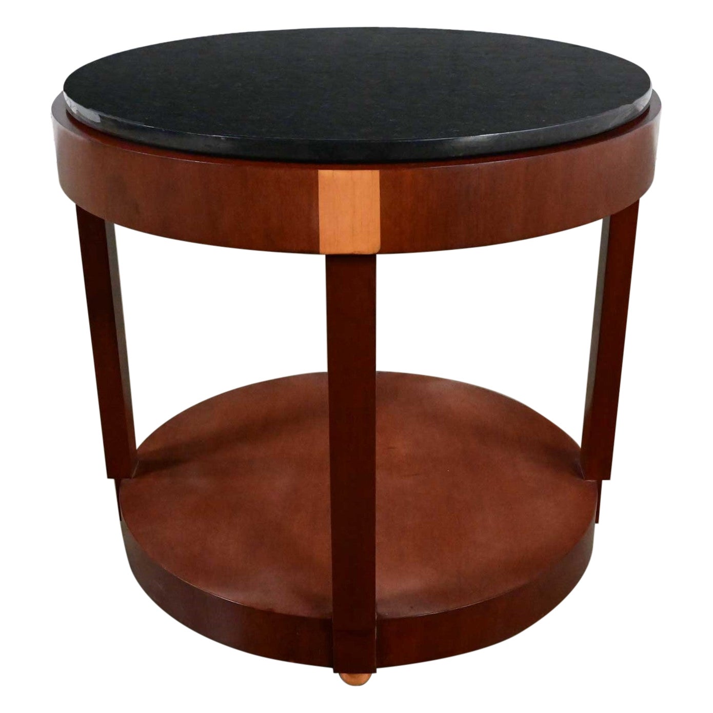 Art Deco Revival Custom Two Toned Mahogany Round Side Table Black Granite Top