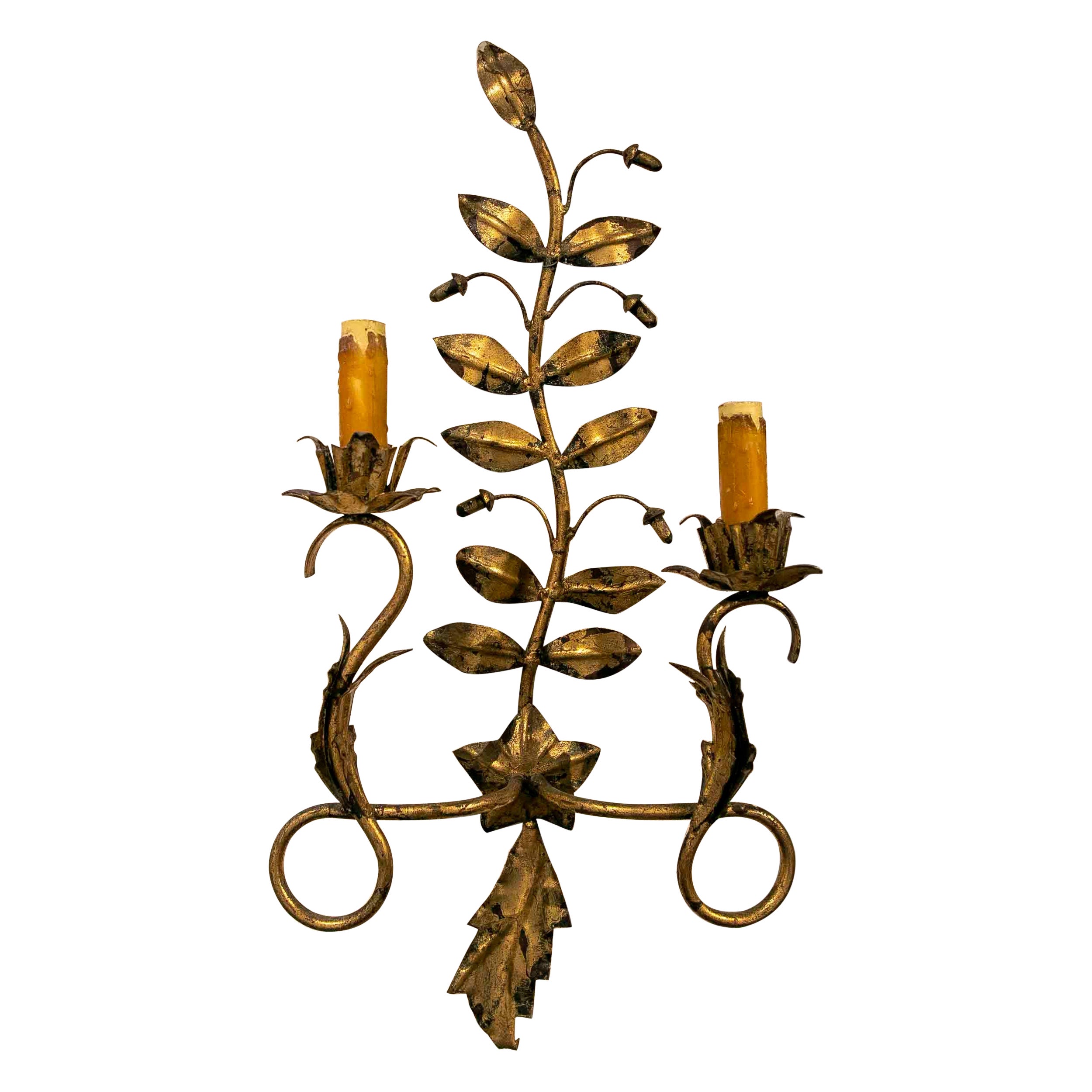 1970s Iron Wall Lamp in the Shape of a Plant with Remains of Polychromy For Sale