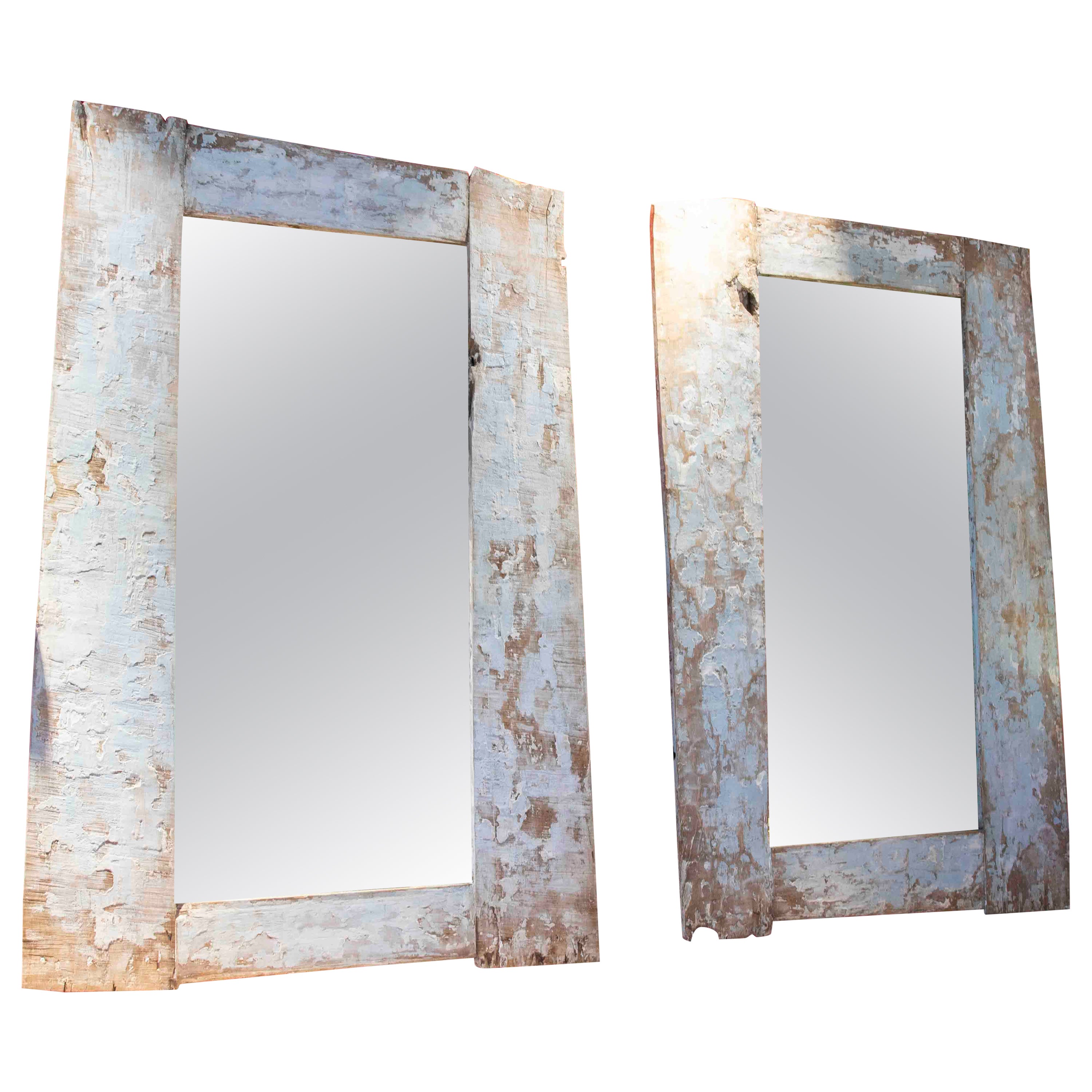 Pair of Rustic Polychromed Wooden Mirrors in Antique White Tones