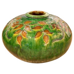 1970s Glazed Ceramic Vase in Green Tone with Brown Flowers